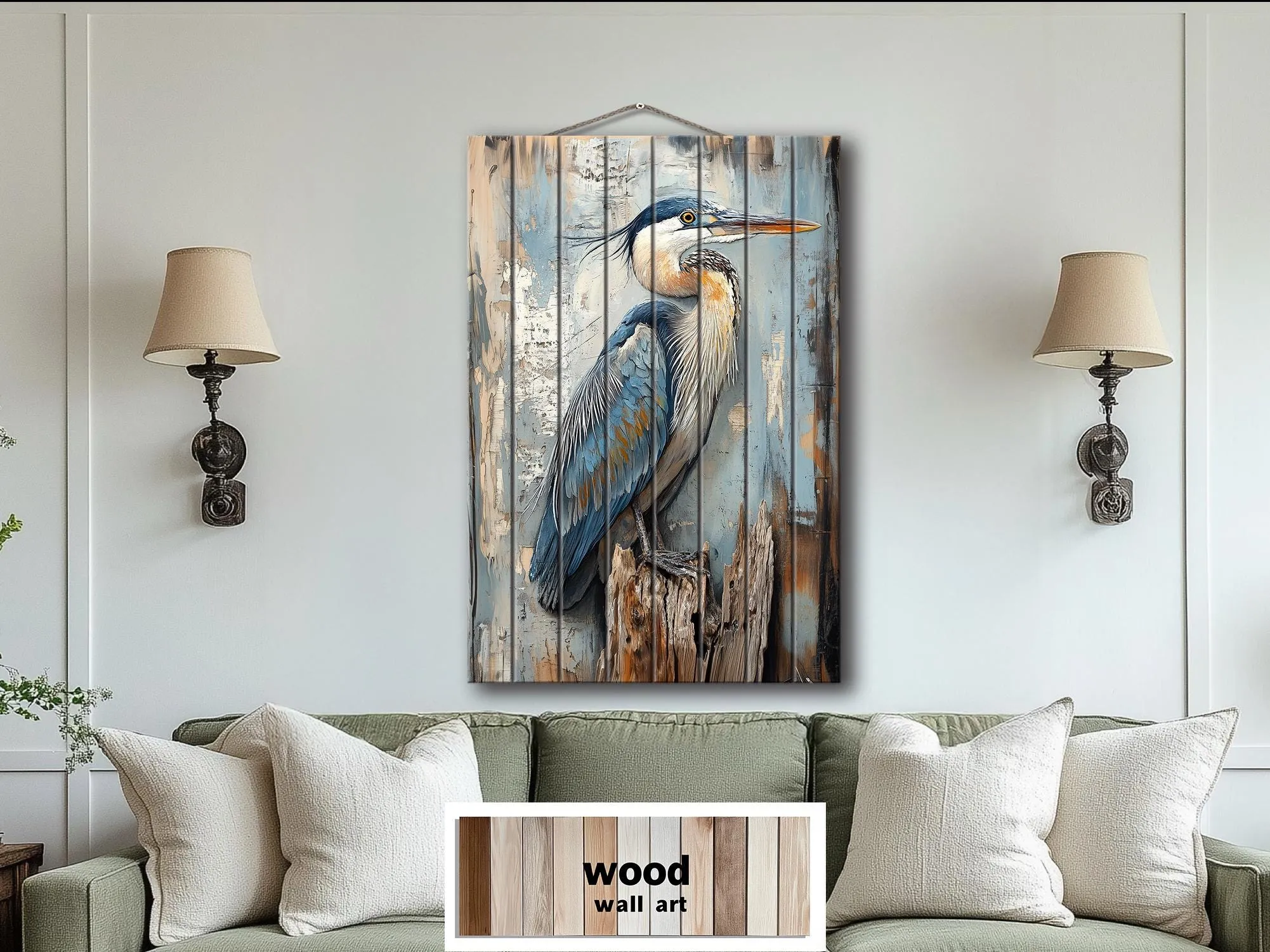 Blue Heron On Driftwood Distressed Wood Wall Art