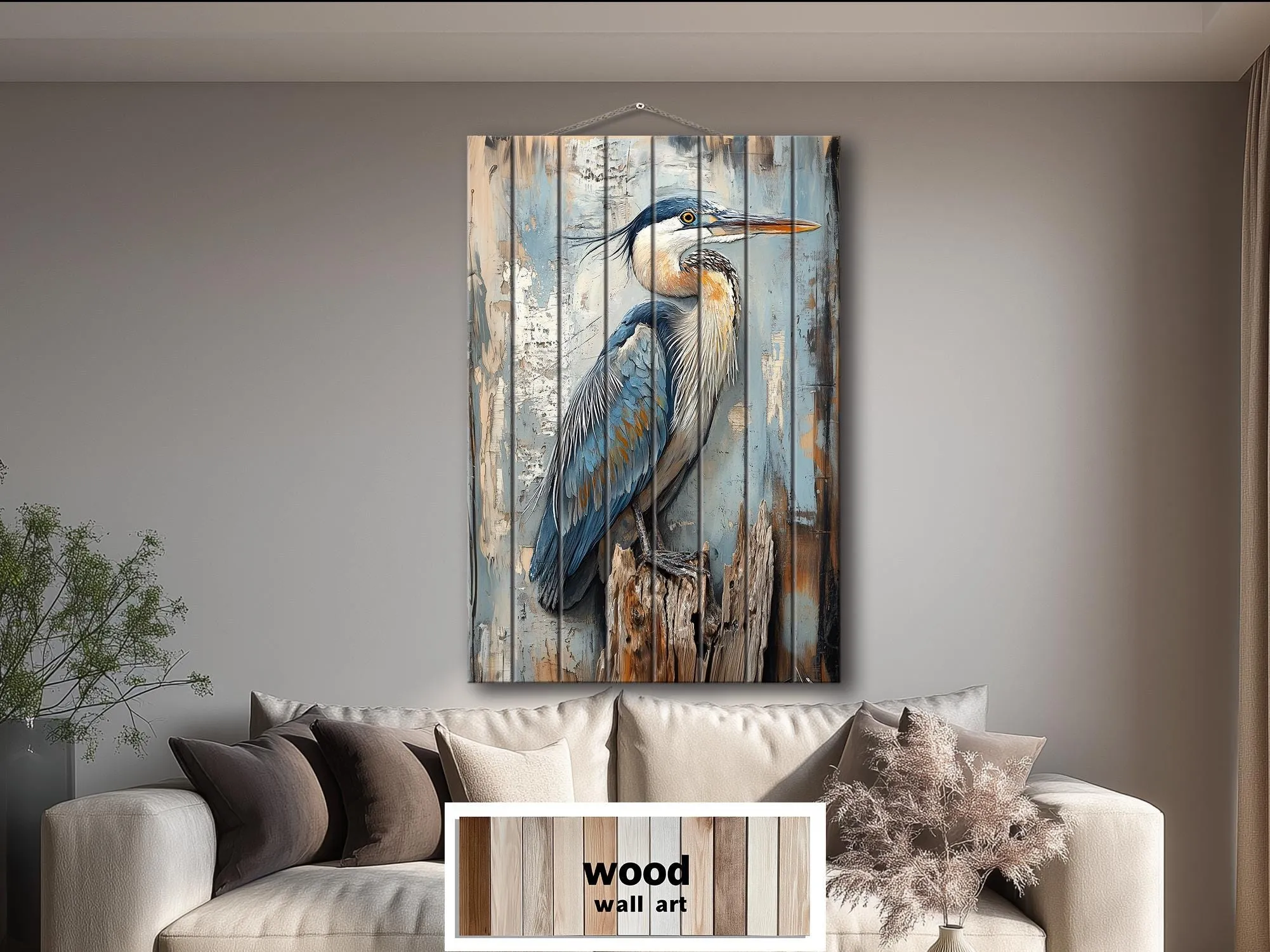 Blue Heron On Driftwood Distressed Wood Wall Art