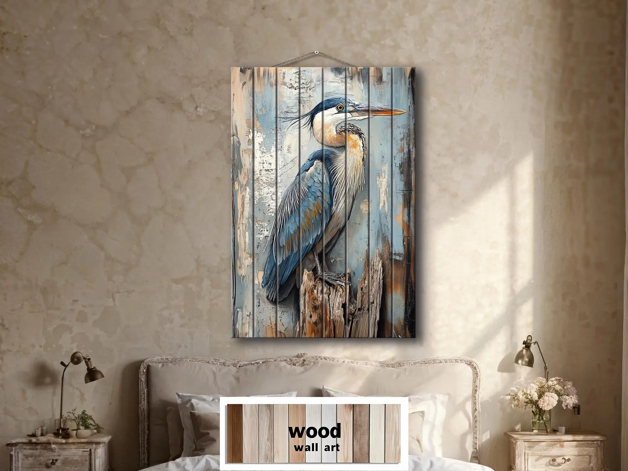 Blue Heron On Driftwood Distressed Wood Wall Art
