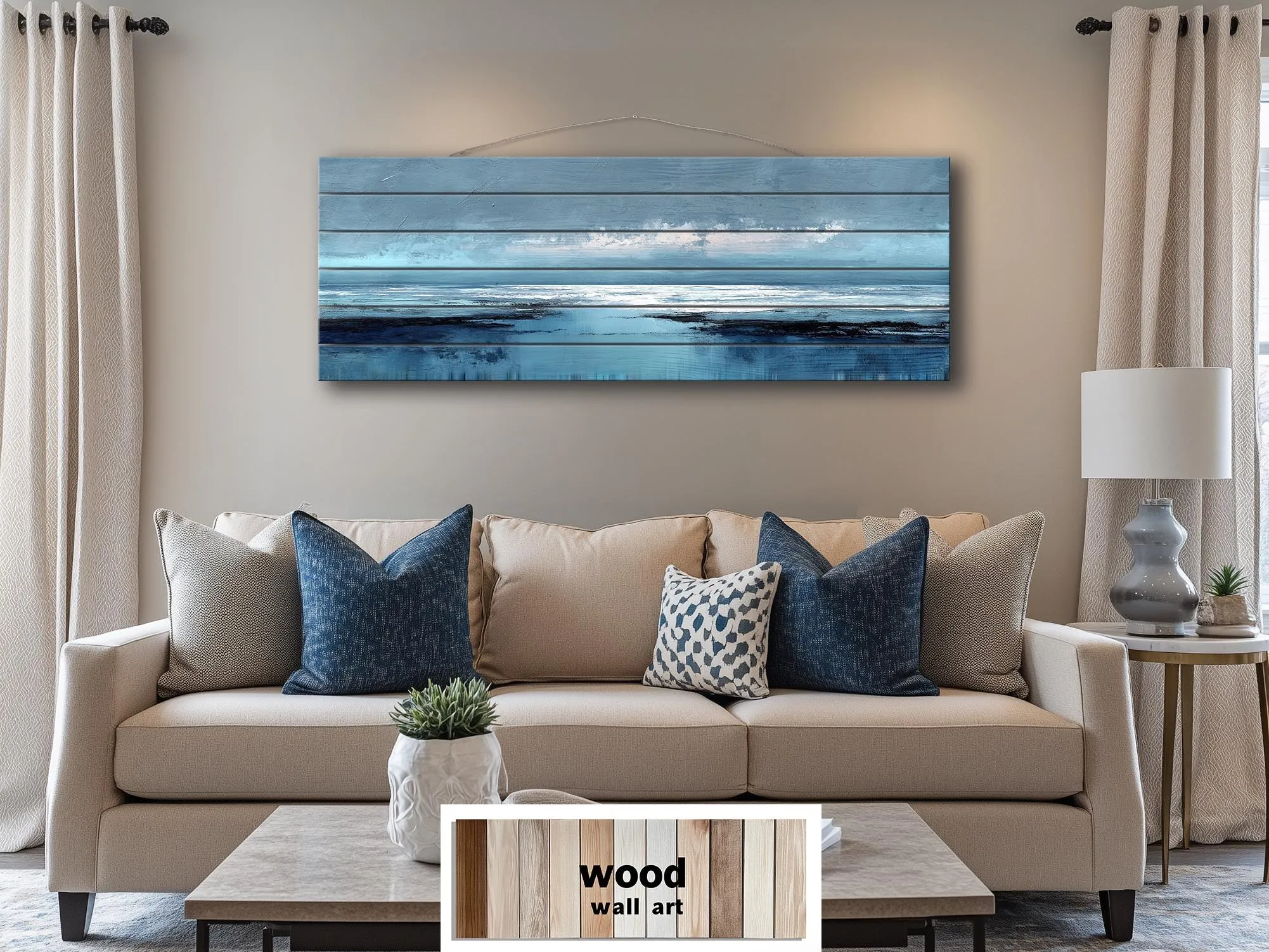 Blue Ocean Horizon Painting Distressed Wood Wall Art