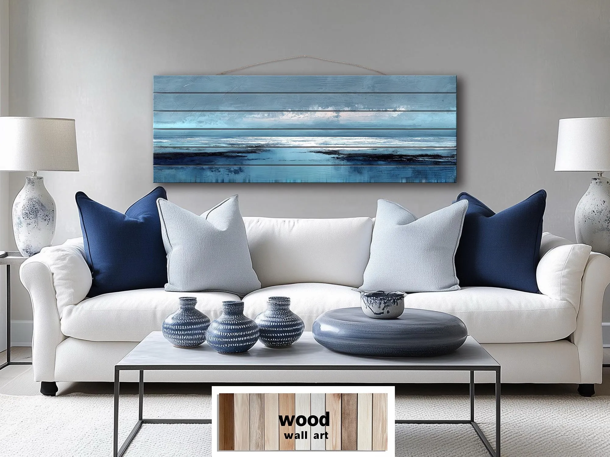 Blue Ocean Horizon Painting Distressed Wood Wall Art