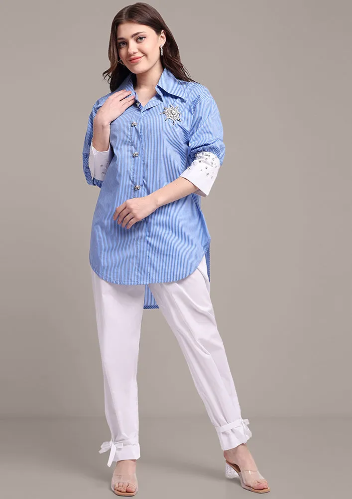 Blue StripeHigh-Low Embellished Shirt With Tie-Up Pants