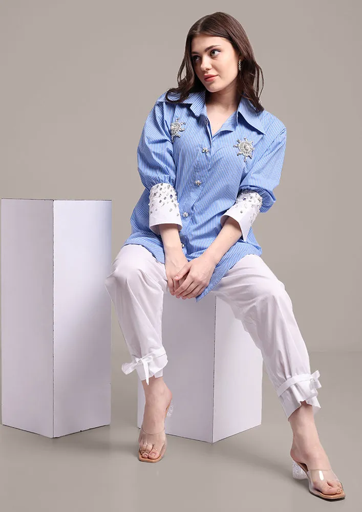 Blue StripeHigh-Low Embellished Shirt With Tie-Up Pants