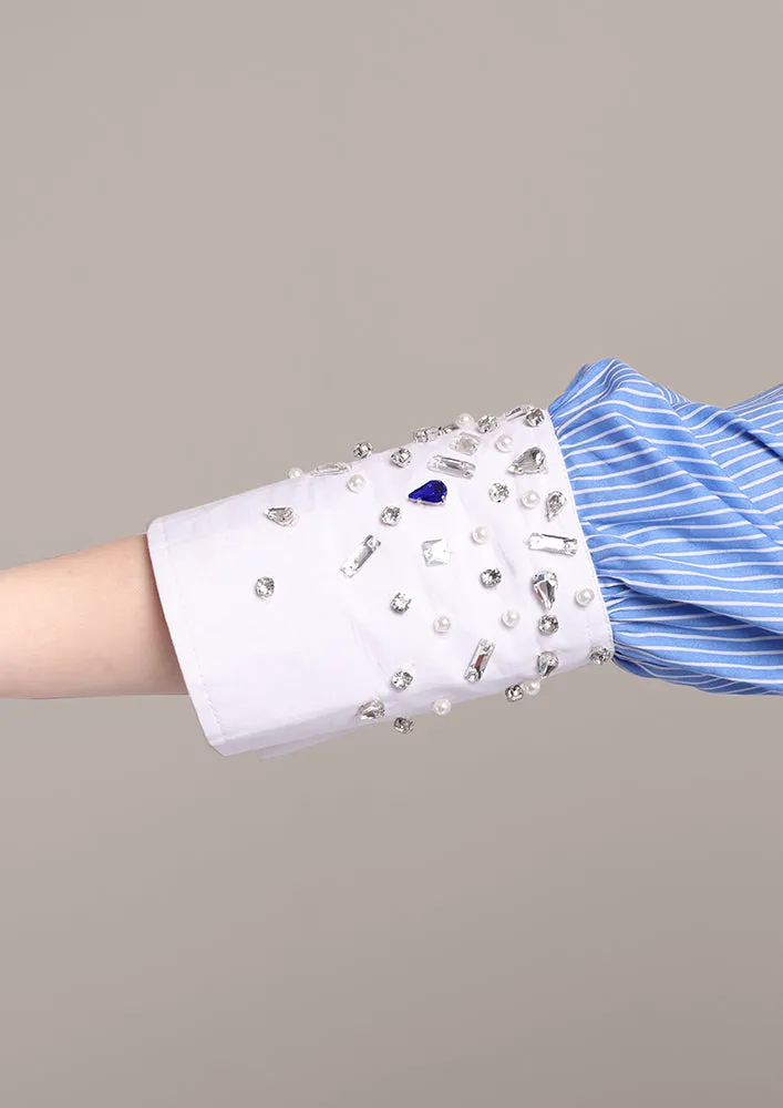 Blue StripeHigh-Low Embellished Shirt With Tie-Up Pants