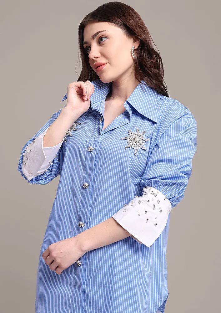 Blue StripeHigh-Low Embellished Shirt With Tie-Up Pants