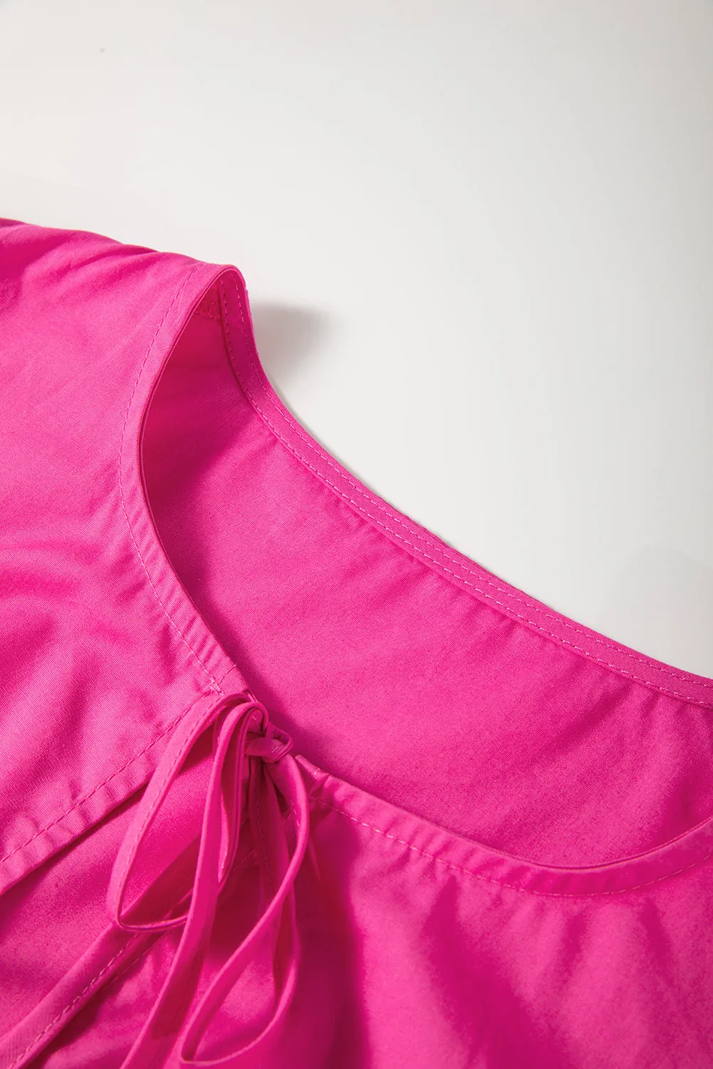 Bright Pink Solid Color Puff Sleeve Tie Front High Waist Mini Dress