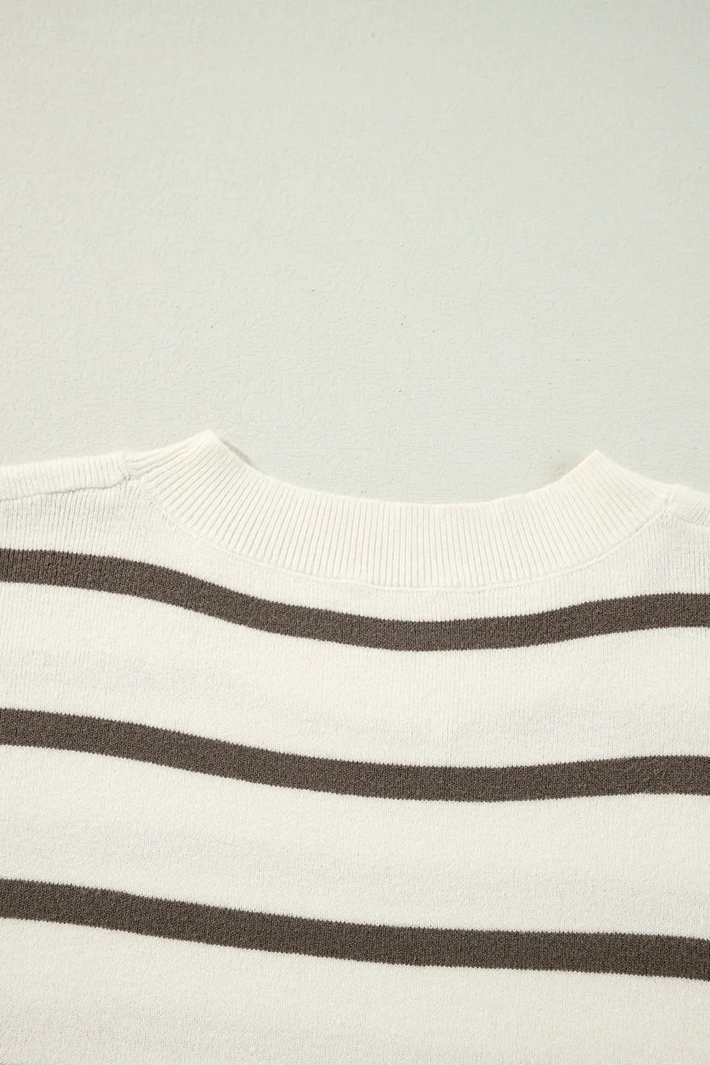 Brown Stripe Side Slits Crewneck Short Sleeve Sweater Tee