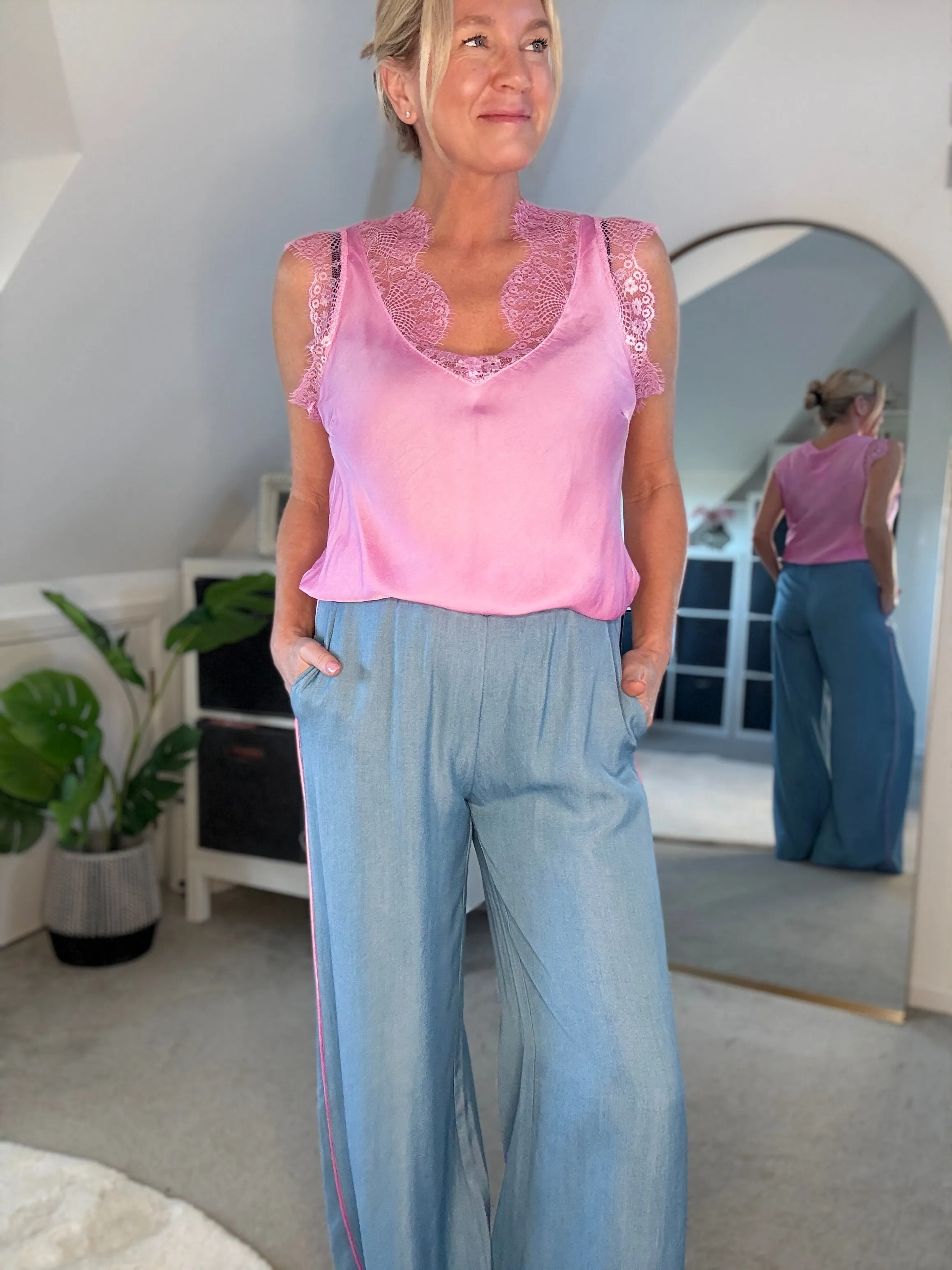 Bubblegum Pink Satin/Lace V Neck Top