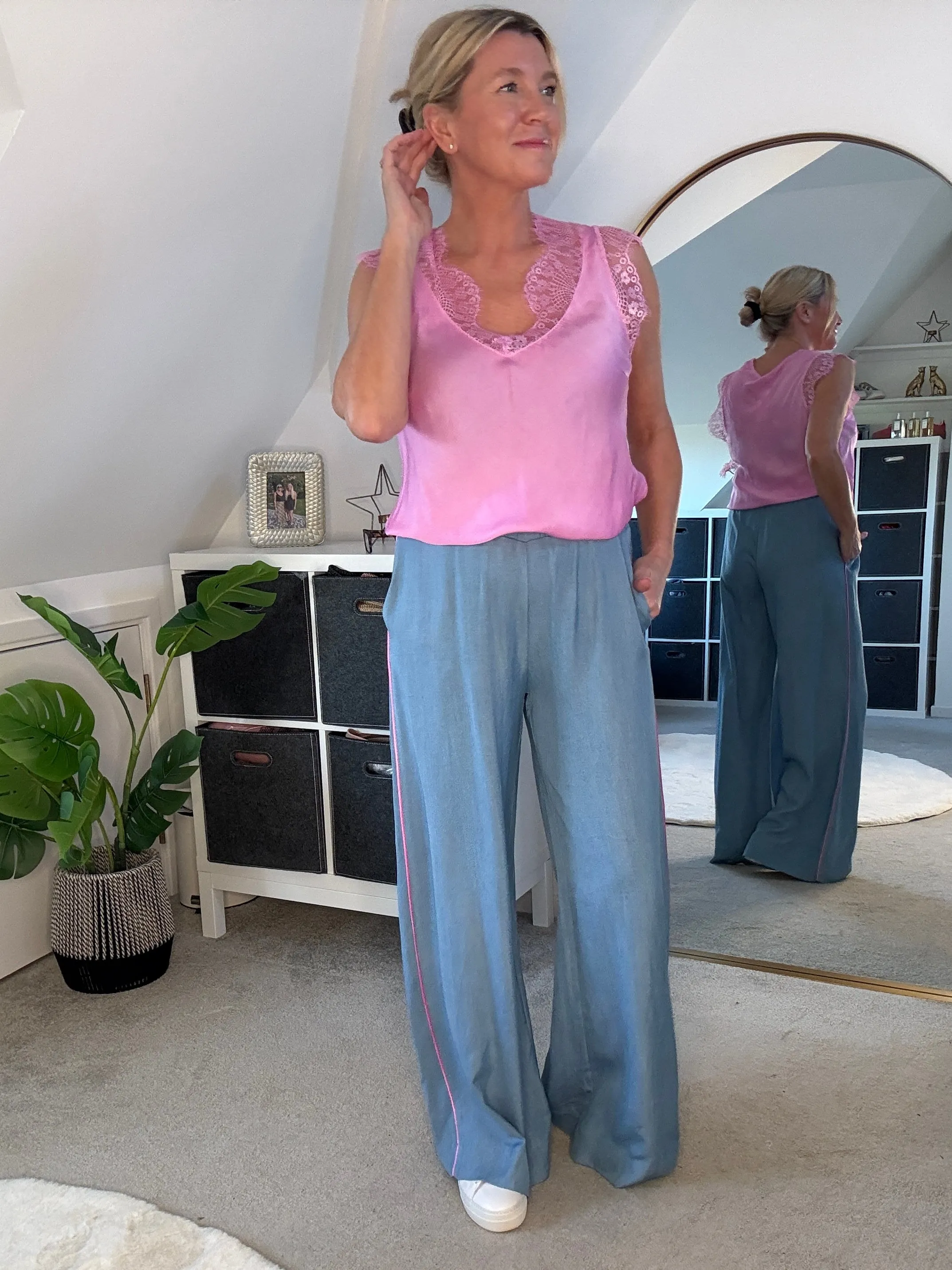 Bubblegum Pink Satin/Lace V Neck Top