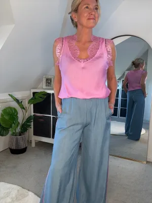 Bubblegum Pink Satin/Lace V Neck Top