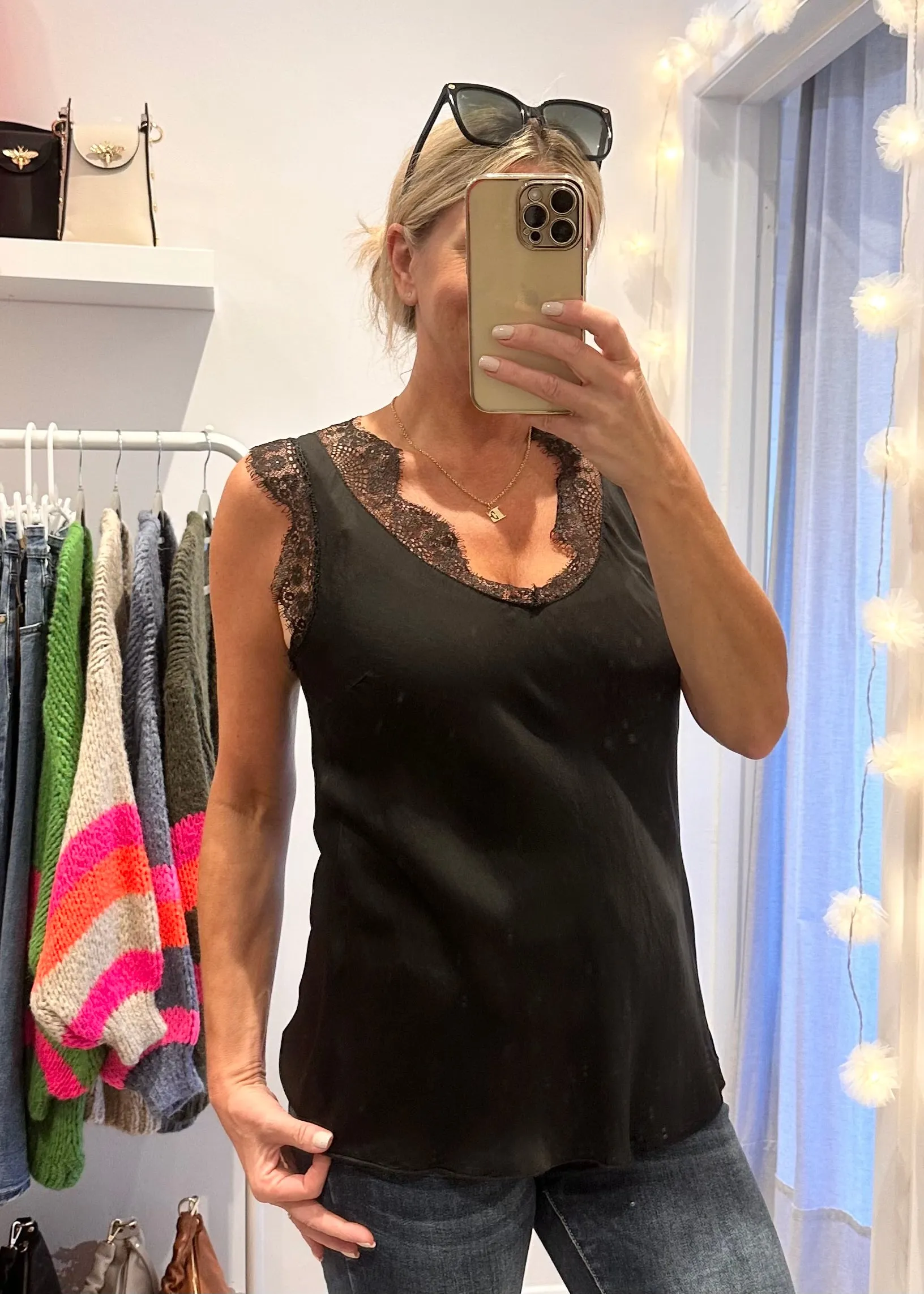 Bubblegum Pink Satin/Lace V Neck Top