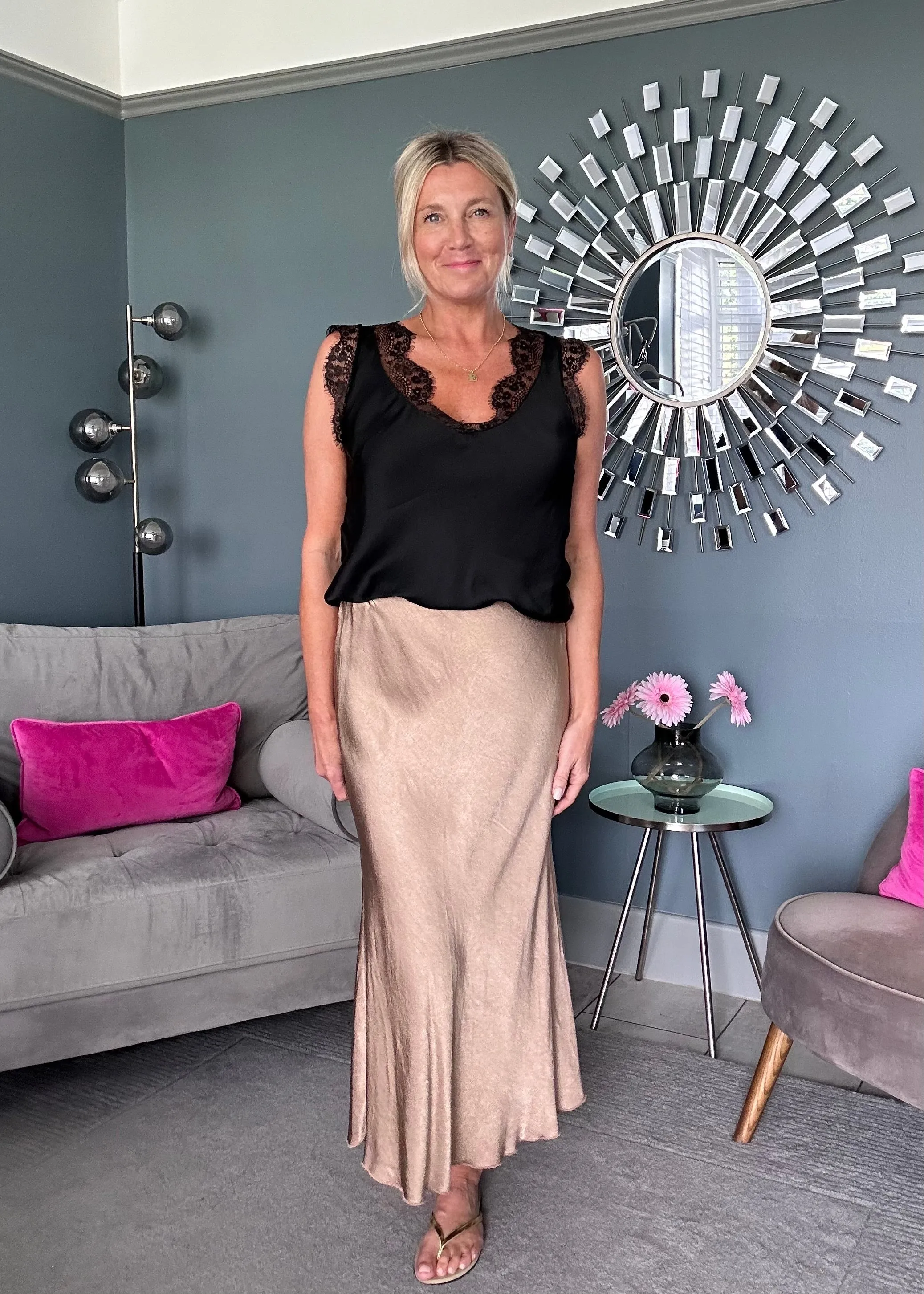 Bubblegum Pink Satin/Lace V Neck Top