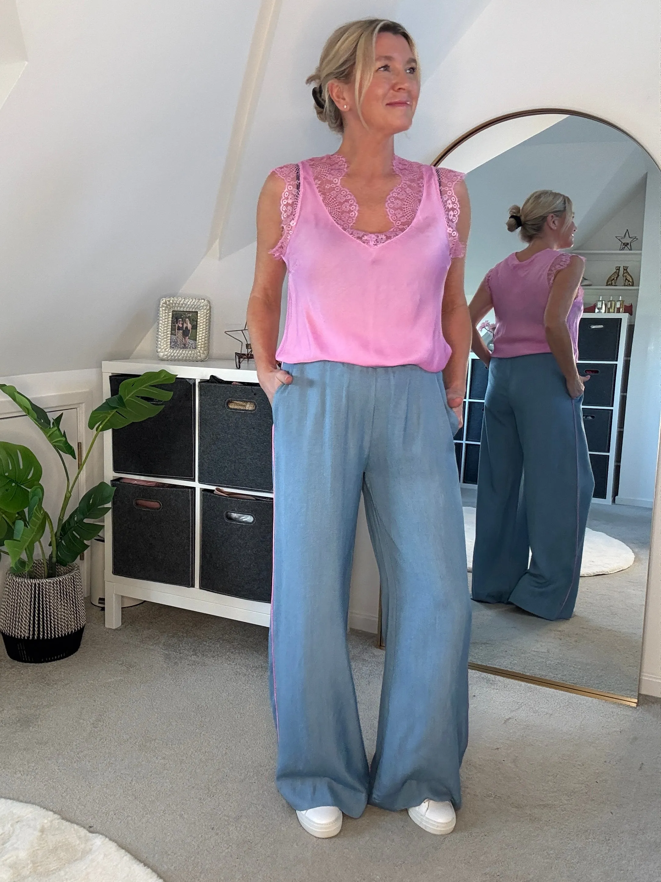 Bubblegum Pink Satin/Lace V Neck Top