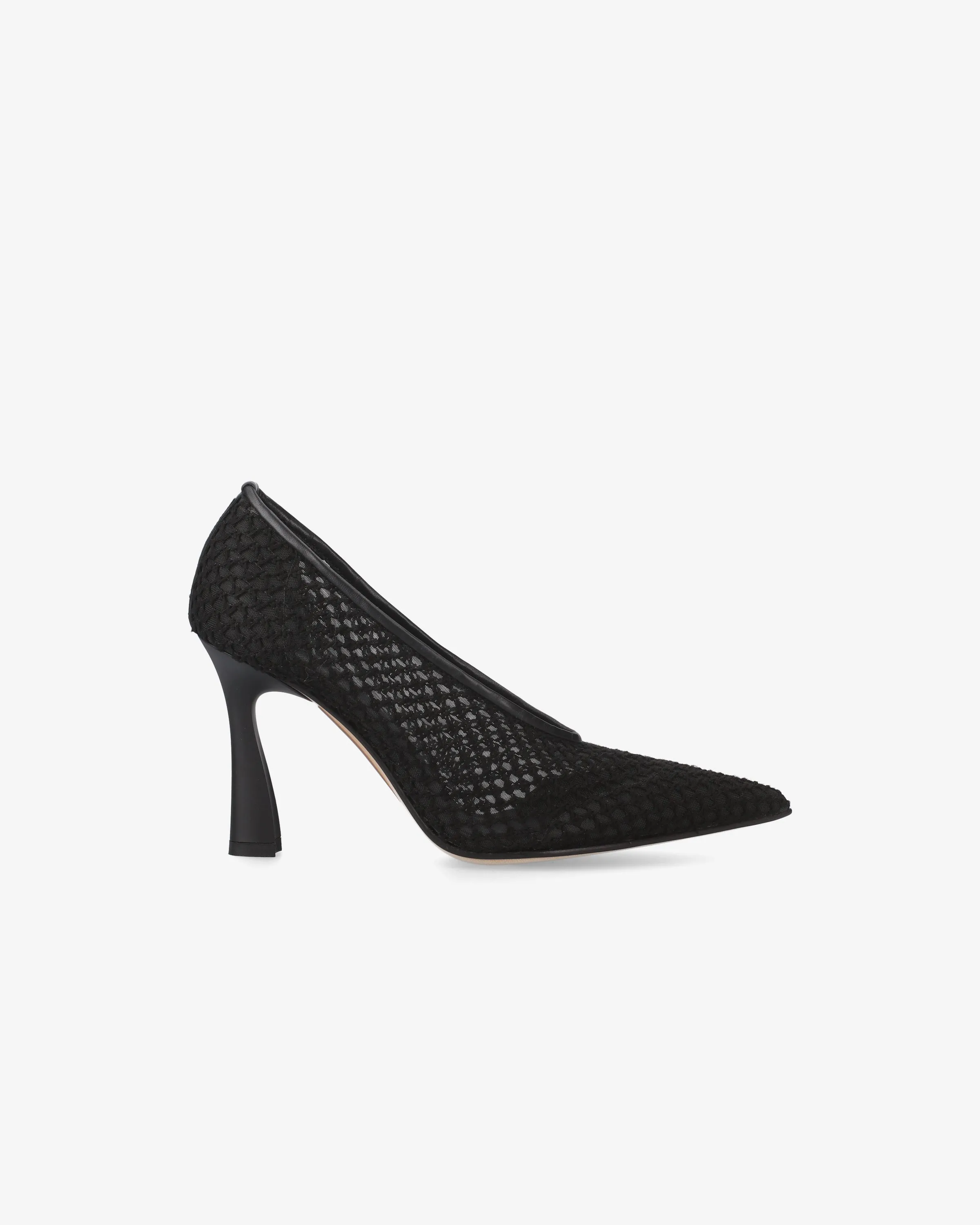 Embroidered mesh pumps with leather trim
