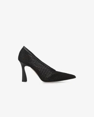 Embroidered mesh pumps with leather trim