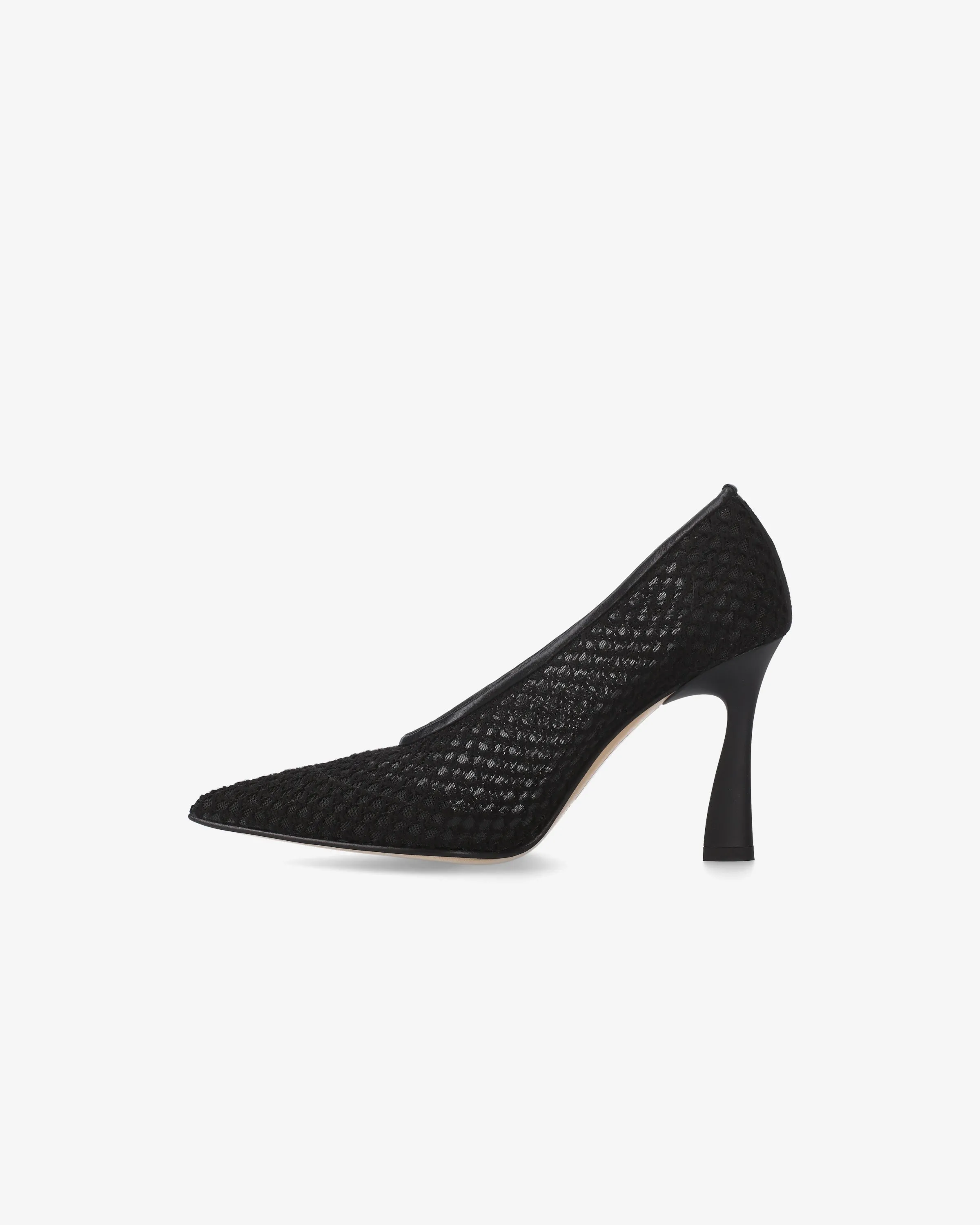 Embroidered mesh pumps with leather trim