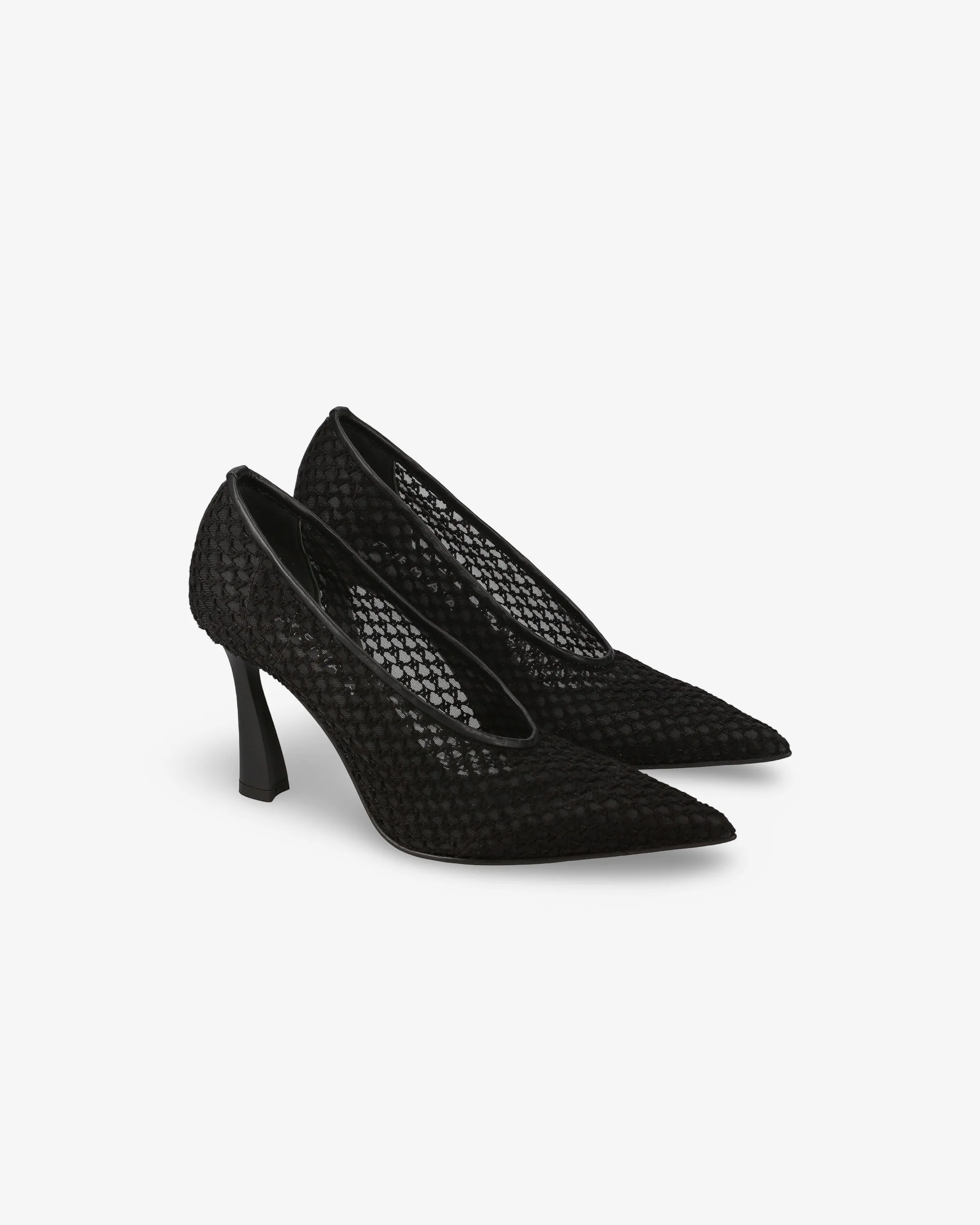 Embroidered mesh pumps with leather trim