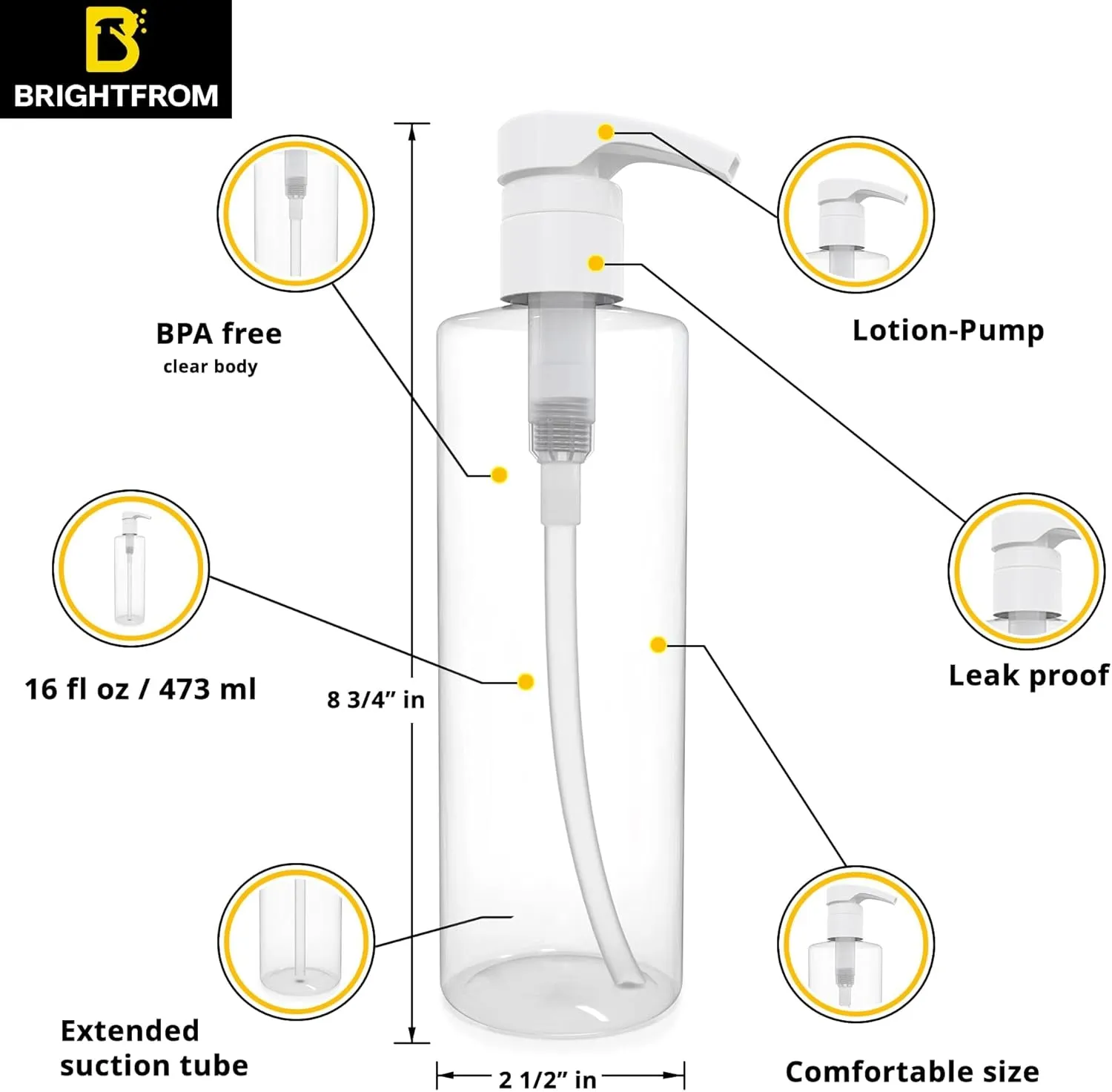 Empty Lotion Pump Bottles 16 OZ, Bpa-Free Refillable Containers, Plastic PET, Great for - Soap, Shampoo, Lotions, Liquid Body Soap, Creams and Massage Oil'S, 2 Pack (White Pump)