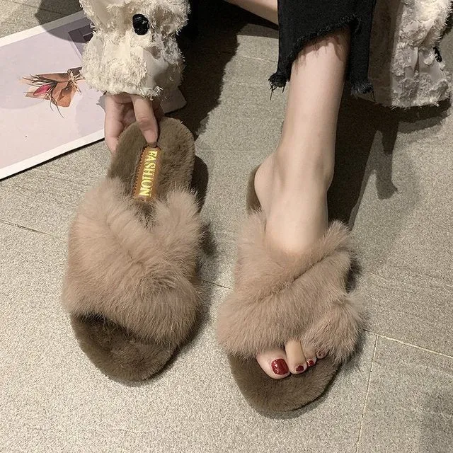 Fuzzy Fur Crisscross Slipper Shoes