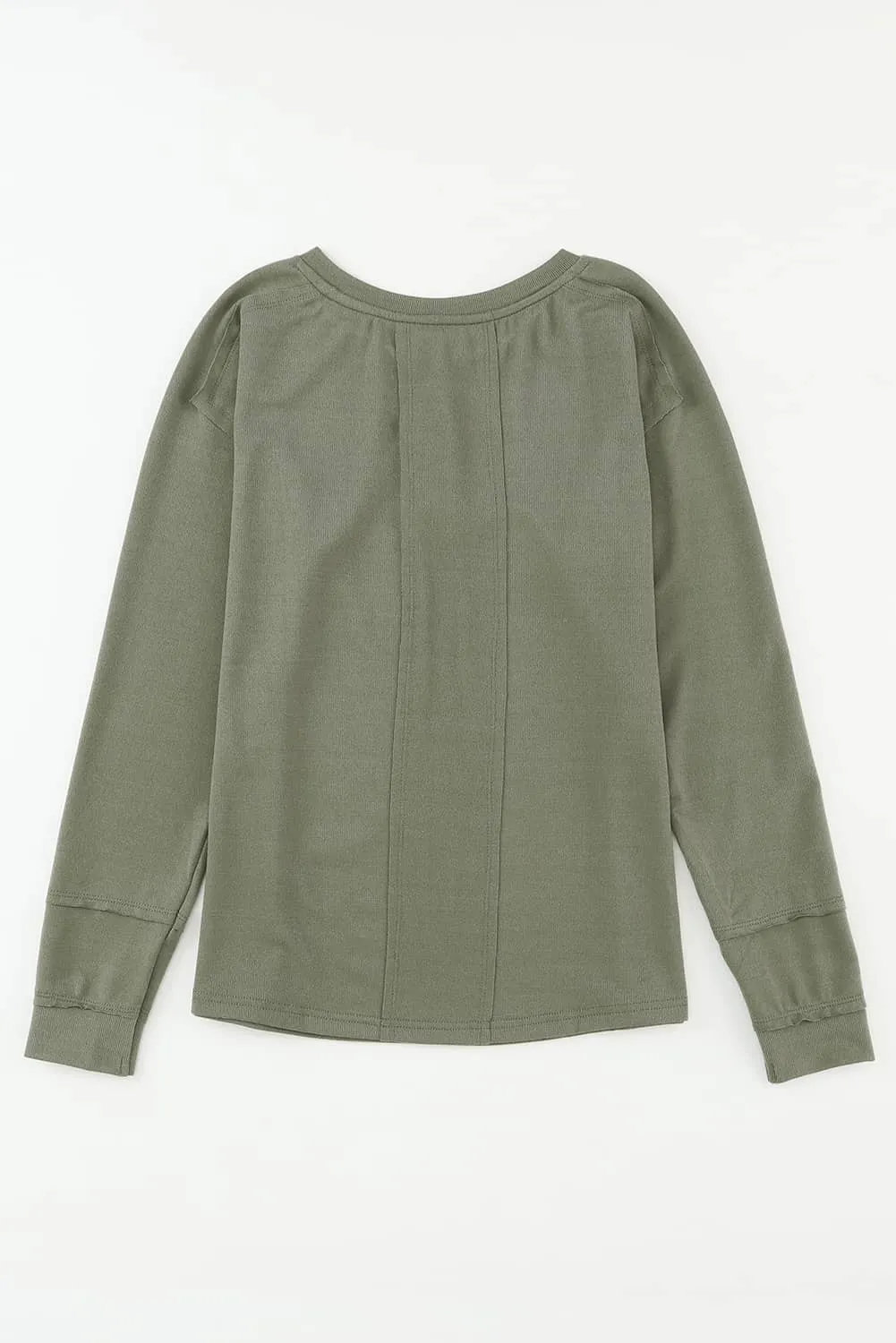 Green Button Split Neck Retro Patchwork Long Sleeve Top