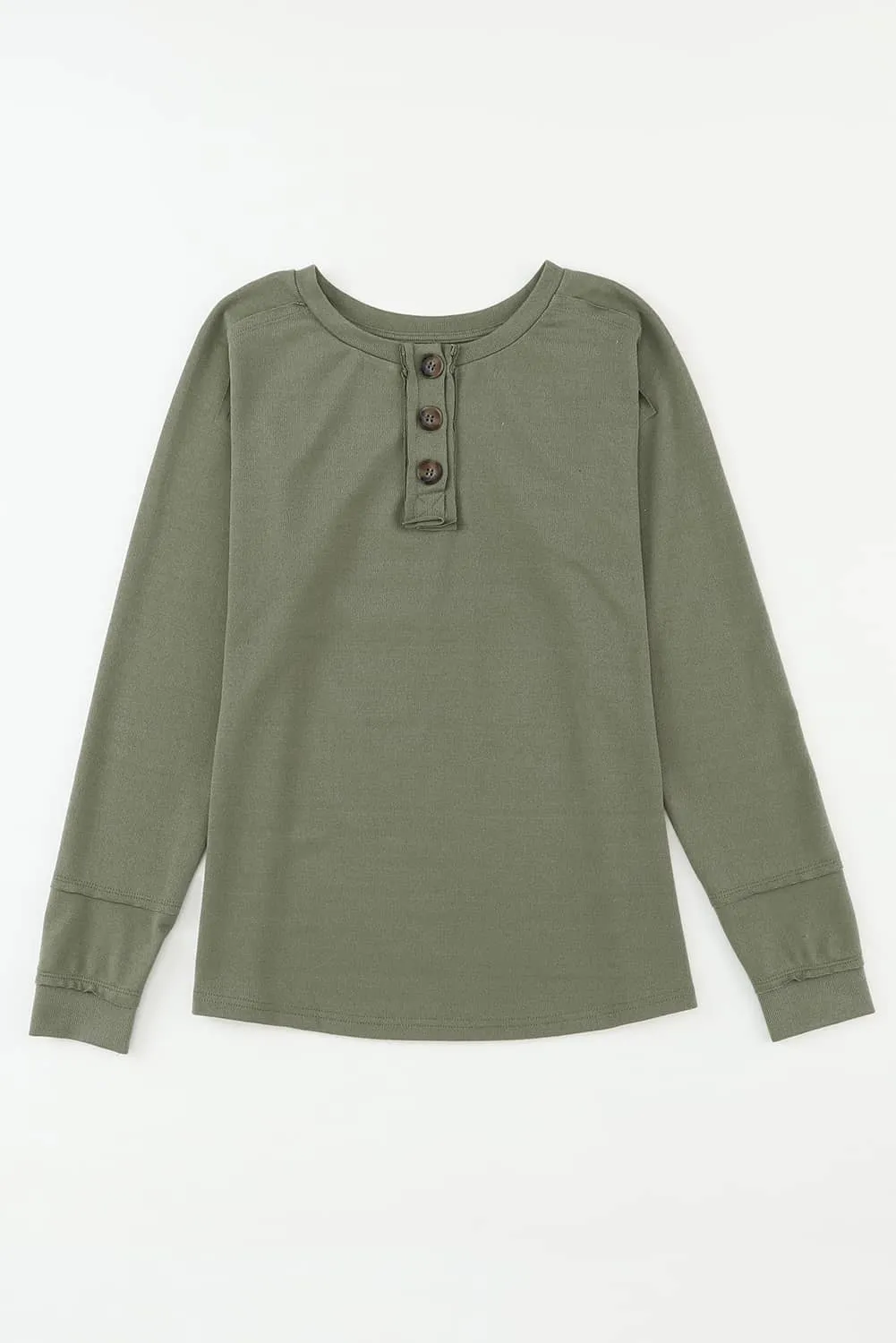 Green Button Split Neck Retro Patchwork Long Sleeve Top