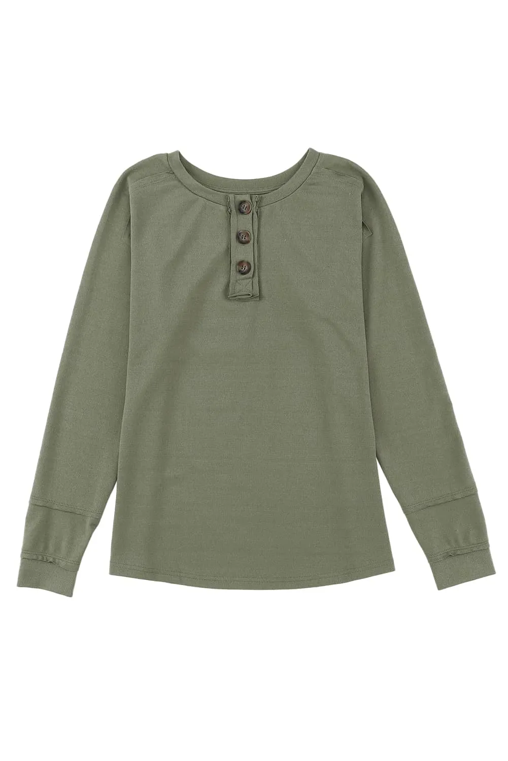 Green Button Split Neck Retro Patchwork Long Sleeve Top
