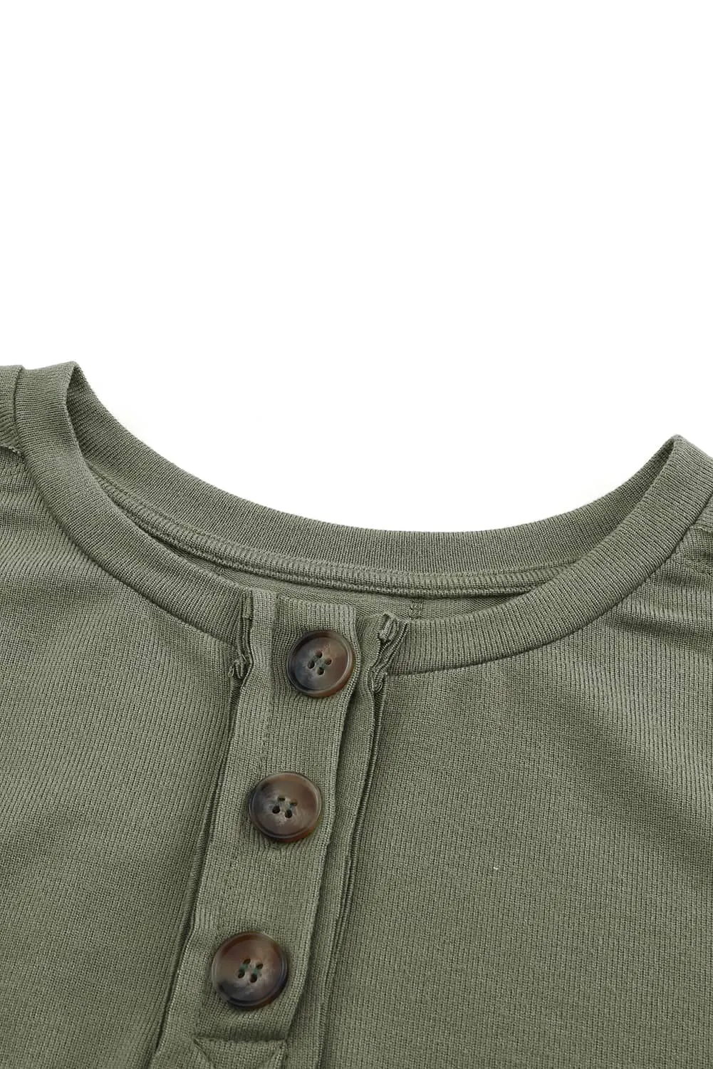 Green Button Split Neck Retro Patchwork Long Sleeve Top