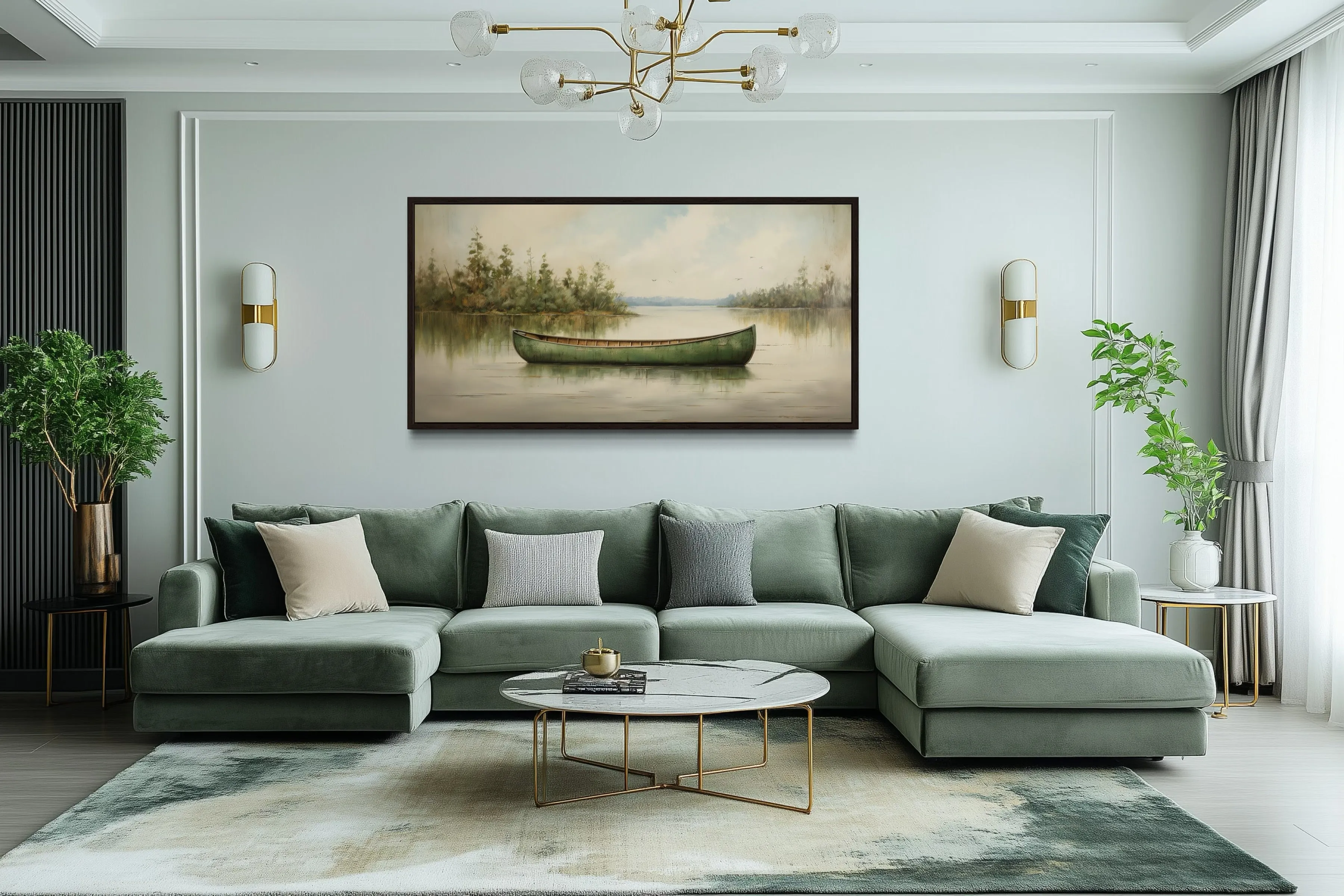 Green Canoe Rustic Painting On Wood Framed Cabin Wall Decor