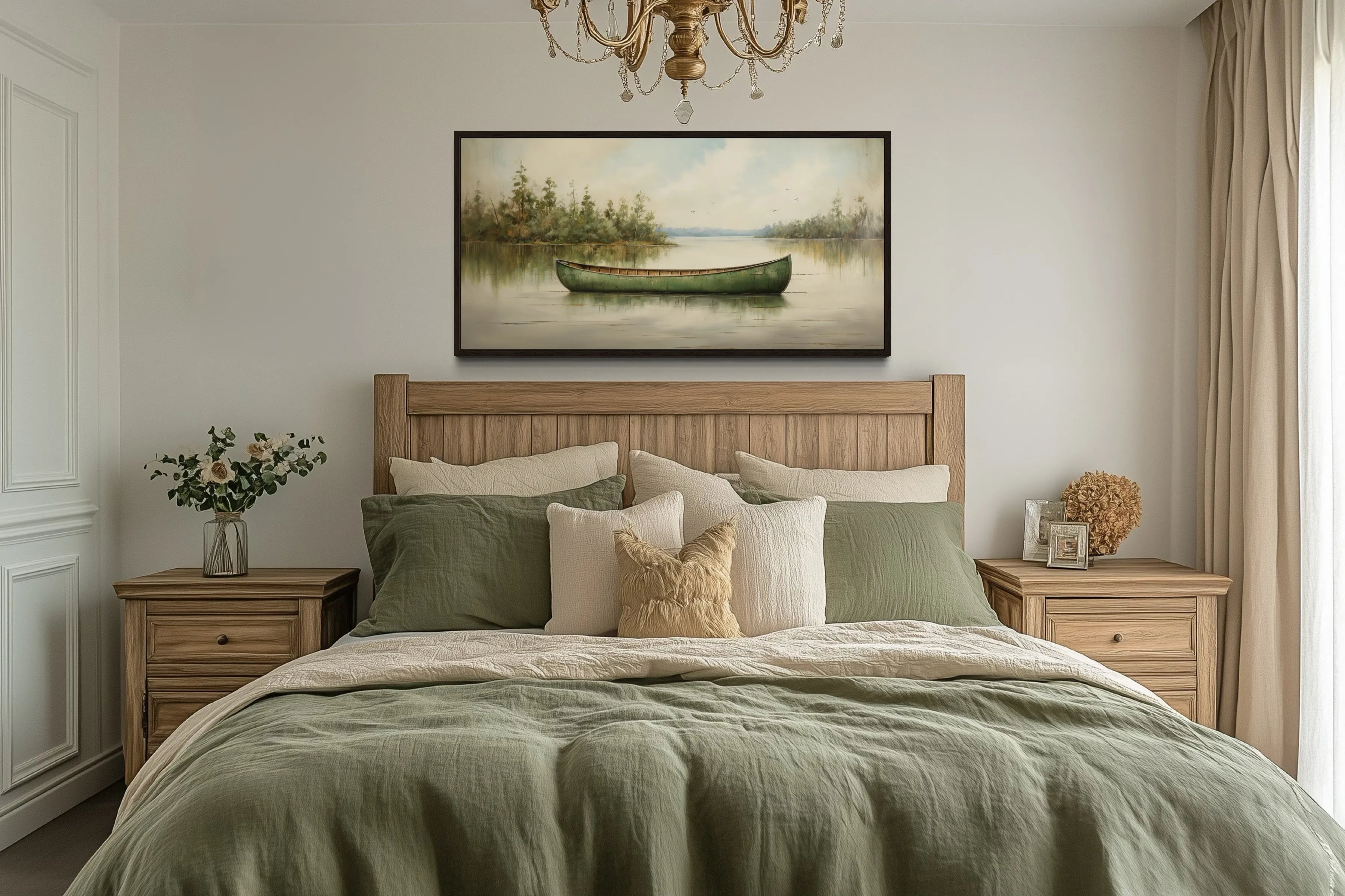 Green Canoe Rustic Painting On Wood Framed Cabin Wall Decor