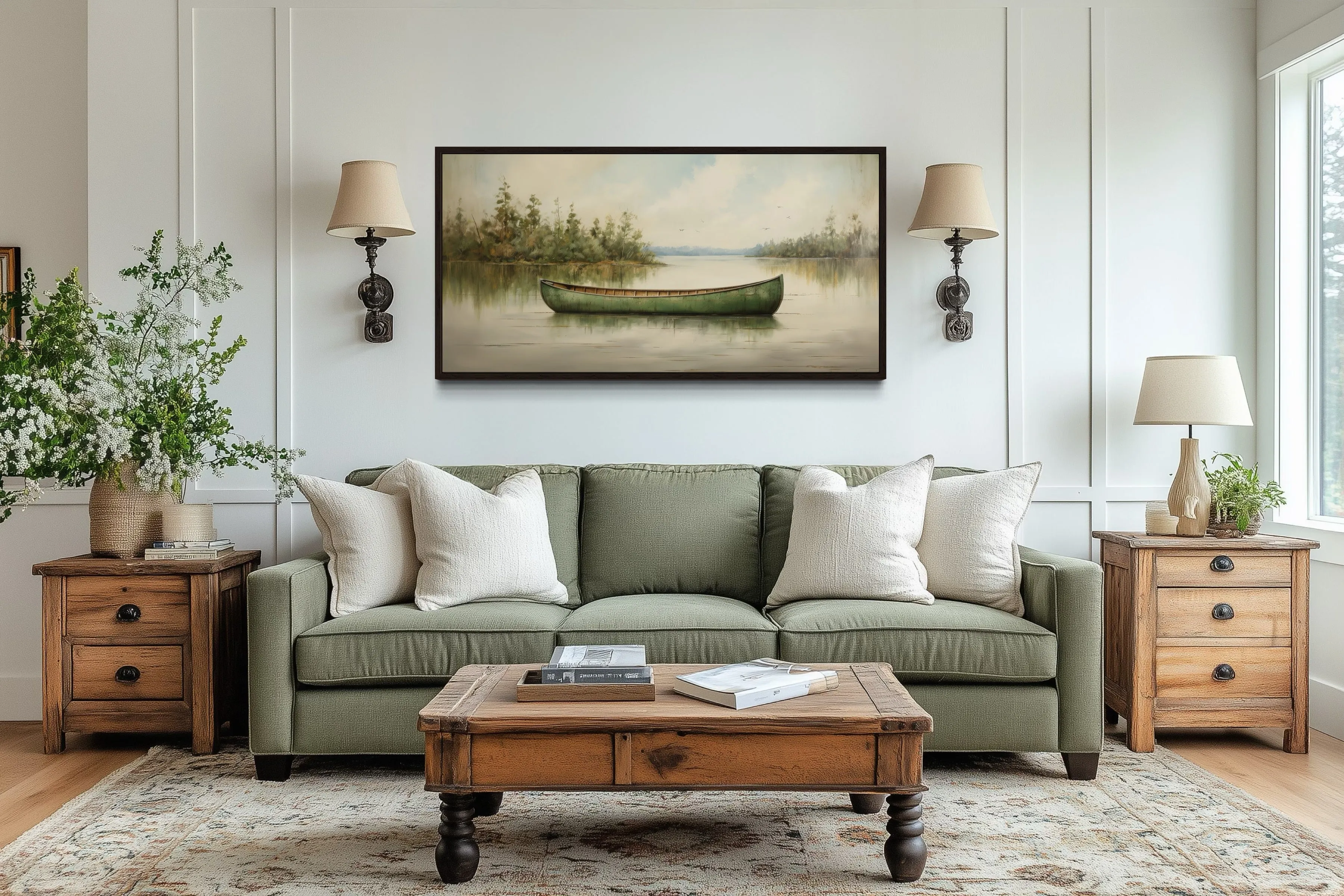 Green Canoe Rustic Painting On Wood Framed Cabin Wall Decor