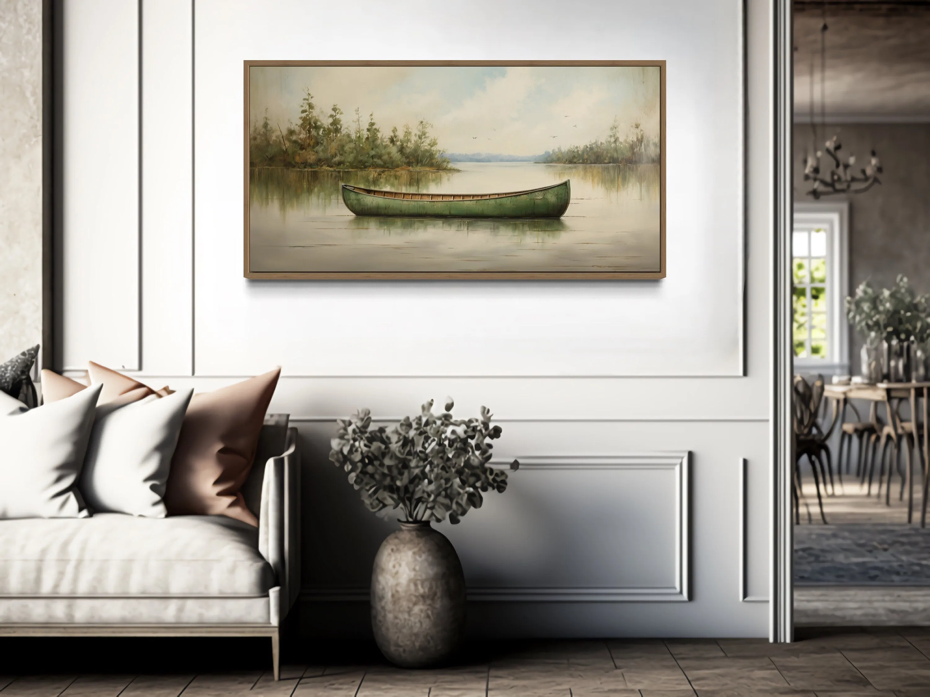 Green Canoe Rustic Painting On Wood Framed Cabin Wall Decor