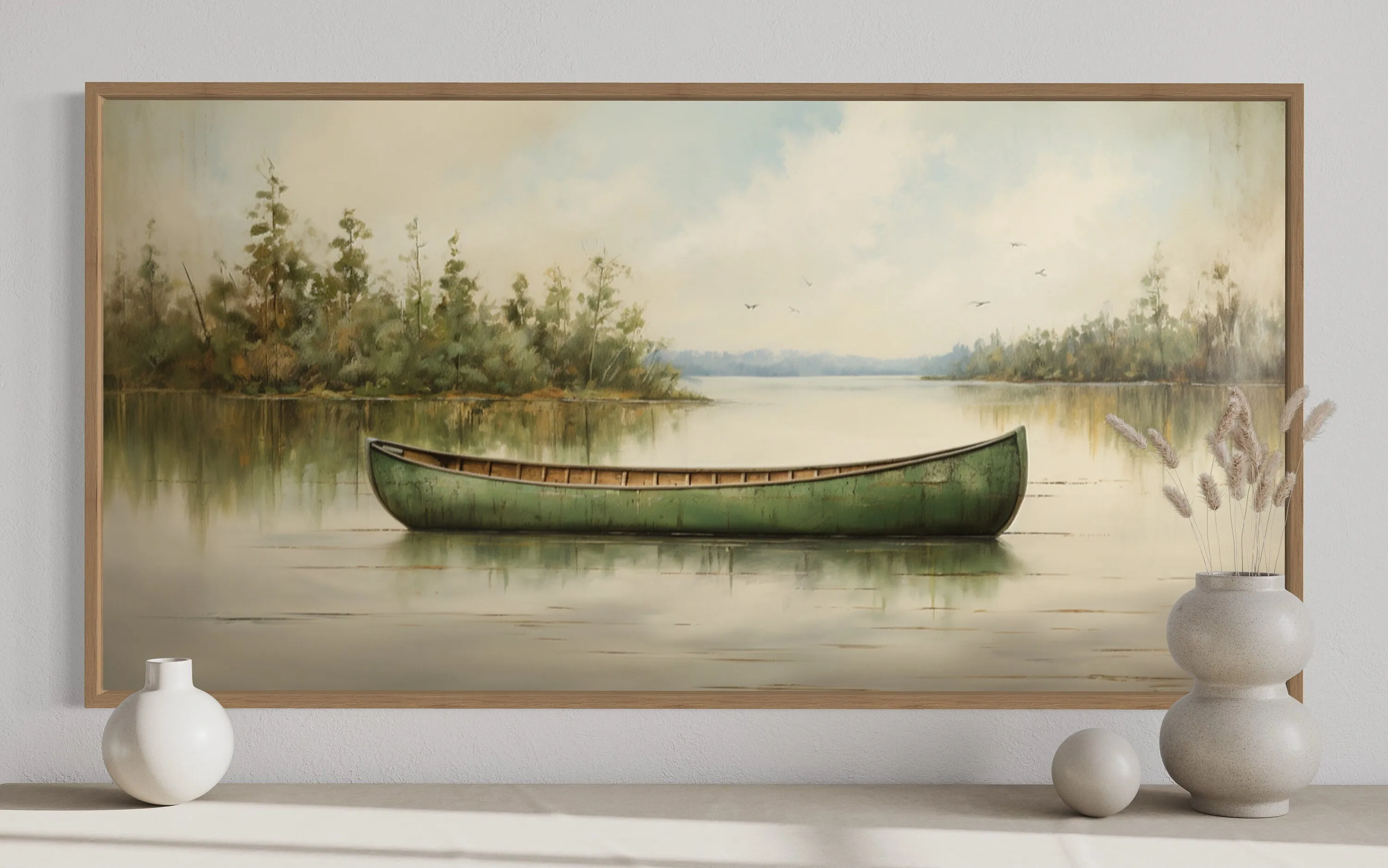 Green Canoe Rustic Painting On Wood Framed Cabin Wall Decor