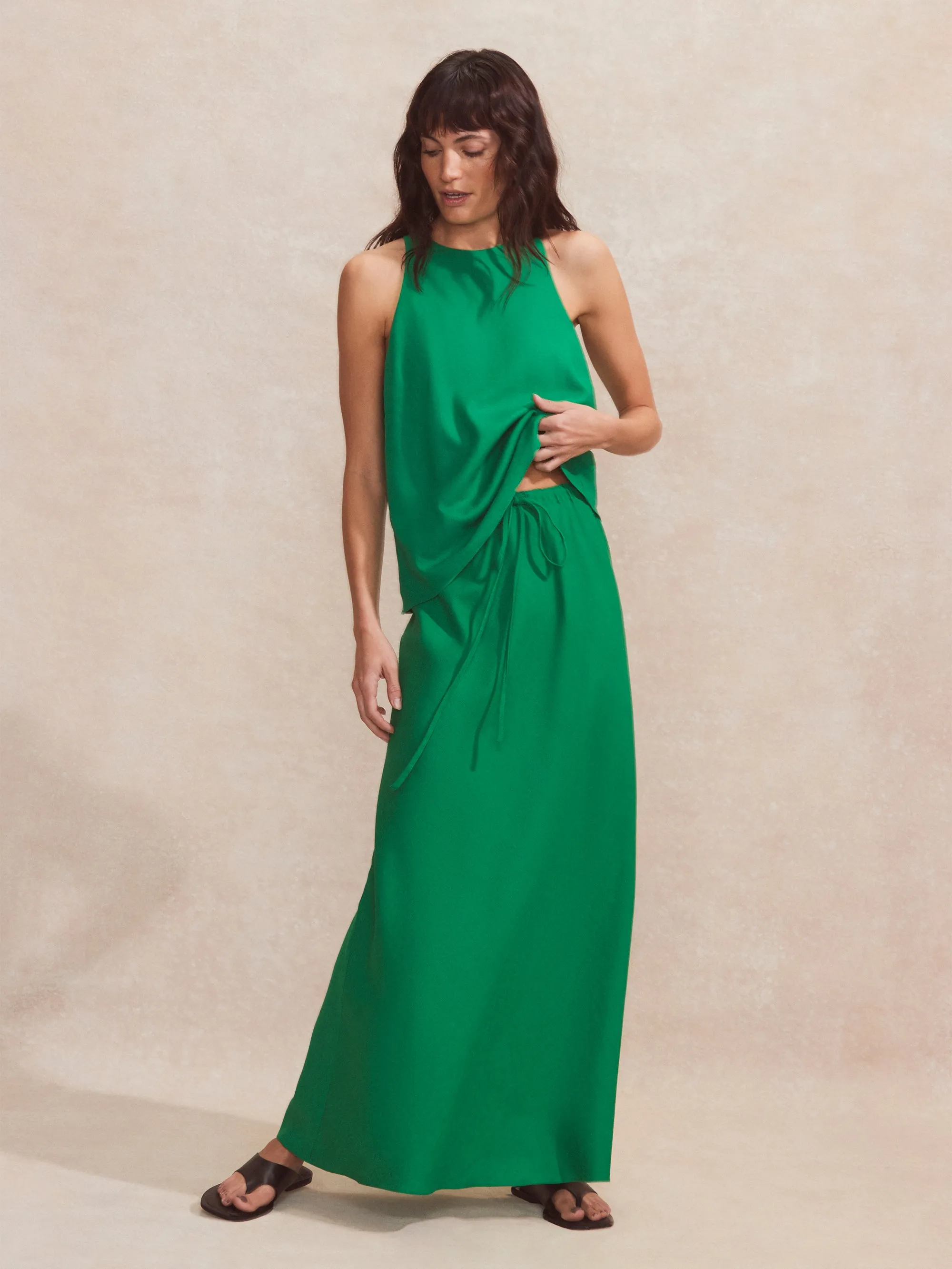 Green Linen-Blend Bias-Cut Maxi Skirt