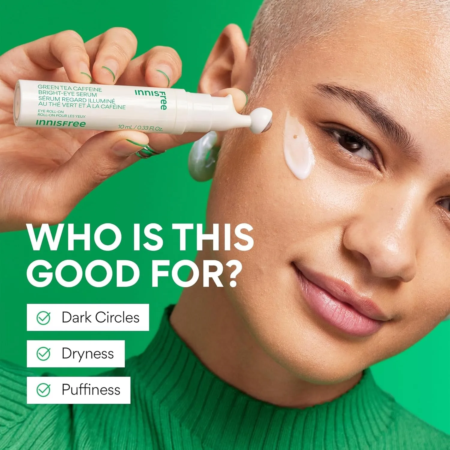 Green Tea Caffeine Bright-Eye Serum with Niacinamide, Cooling Korean Eye Roll on Serum, Hydrating Eye Cream