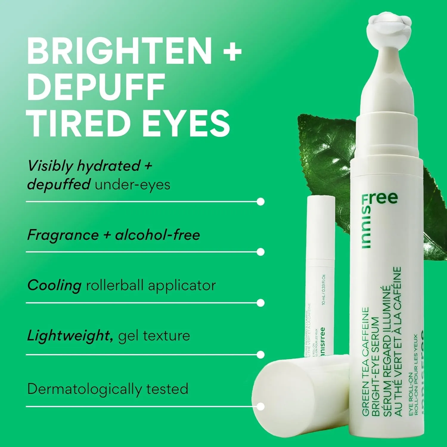 Green Tea Caffeine Bright-Eye Serum with Niacinamide, Cooling Korean Eye Roll on Serum, Hydrating Eye Cream
