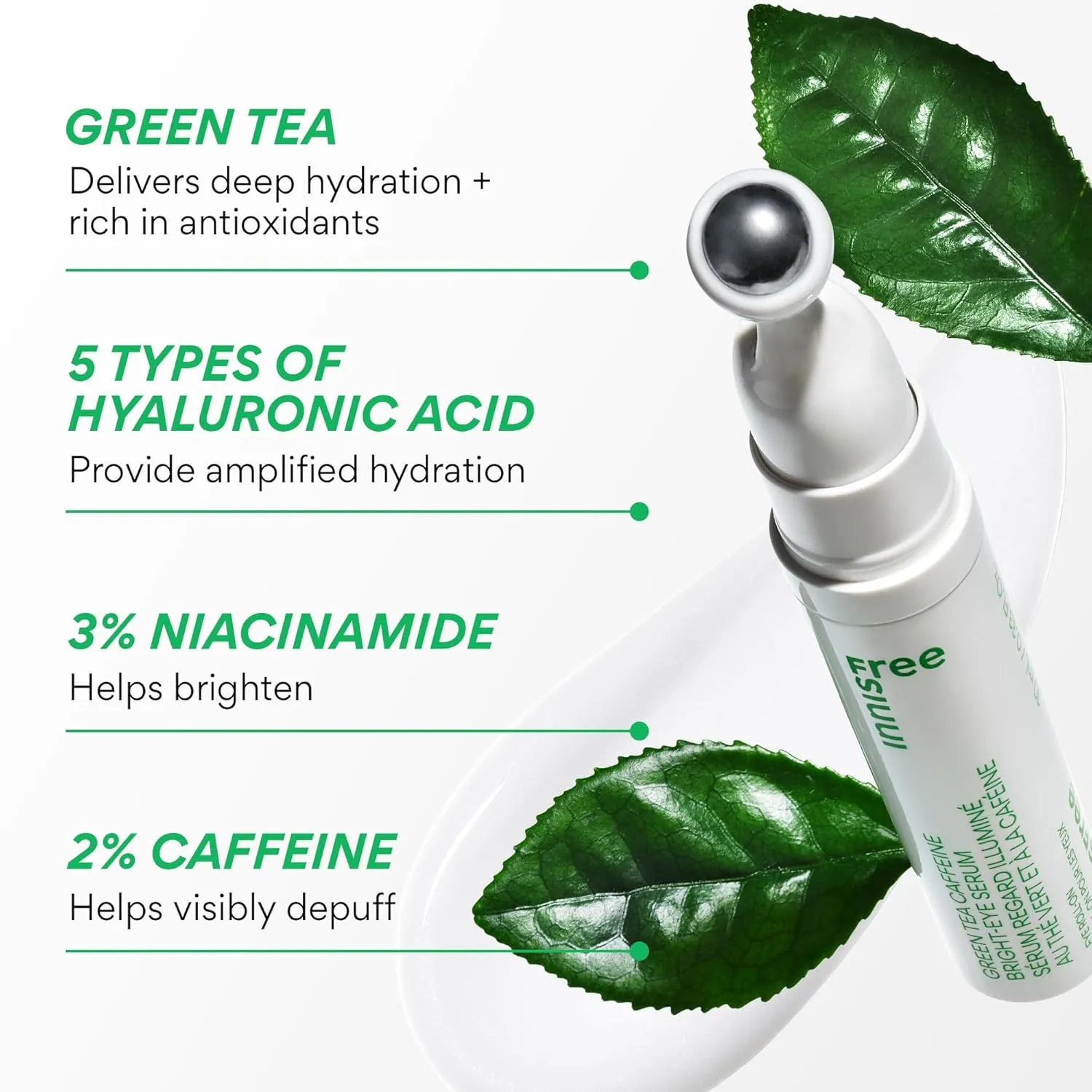 Green Tea Caffeine Bright-Eye Serum with Niacinamide, Cooling Korean Eye Roll on Serum, Hydrating Eye Cream