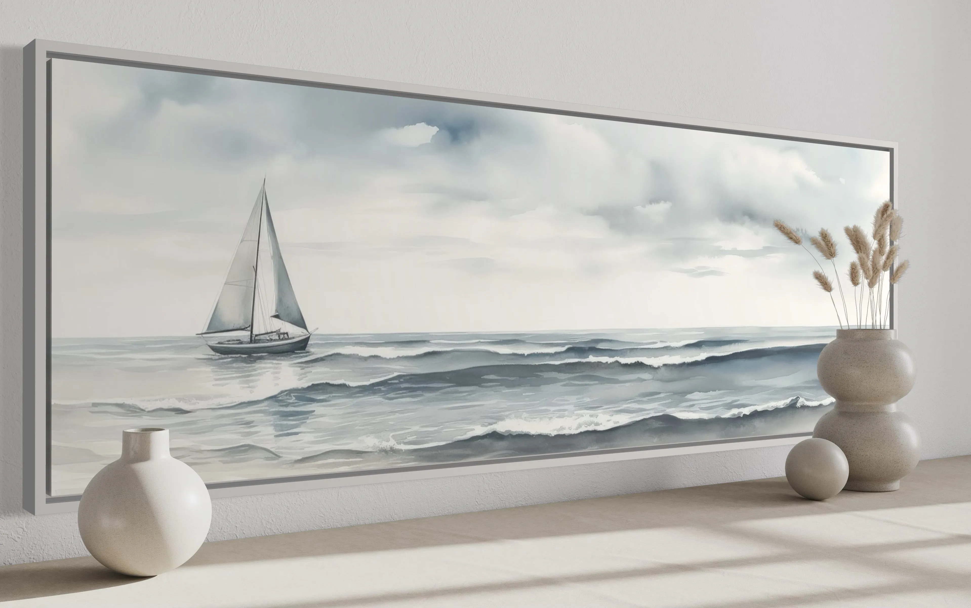 Grey Ocean And Sail Boat Coastal Horizontal Above Bed Canvas Wall Art