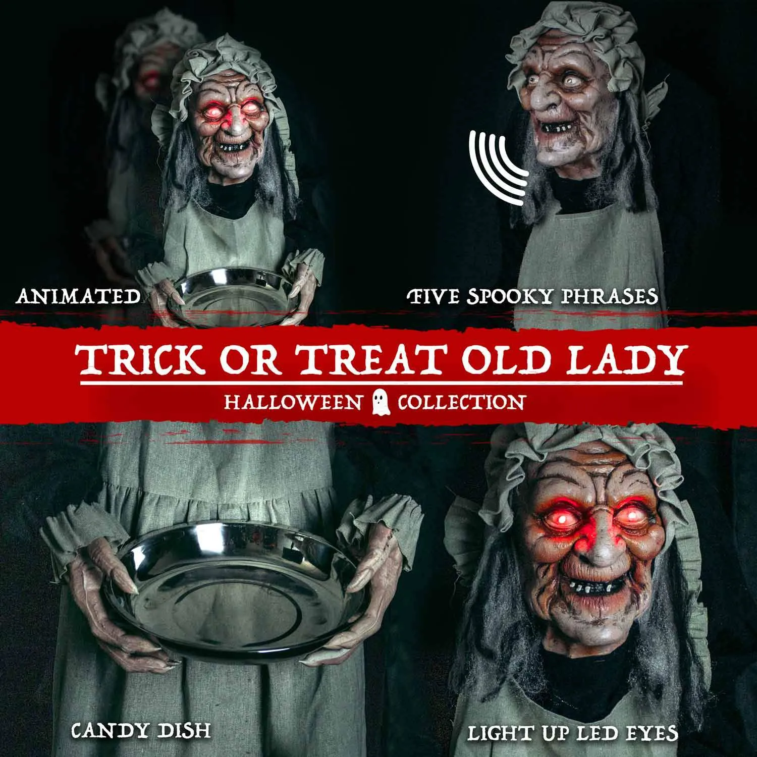 Halloween Animatronics Sound-Activated Old Lady with Candy Dish Decoration