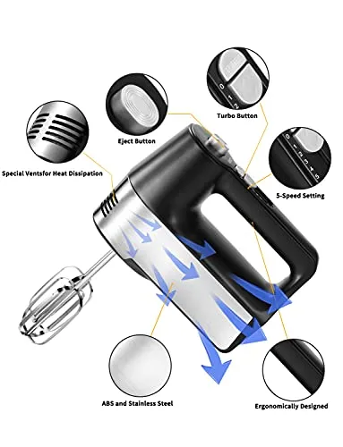 Hand Mixer Electric 5-Speed Handheld Kitchen Mixer for Cake, Egg White, Yeast Dough, Include 5 Stainless Steel Accessories, (2 Beaters, 2 Dough Hooks & 1 Whisk), with Eject/ Turbo Function, 450W Peak