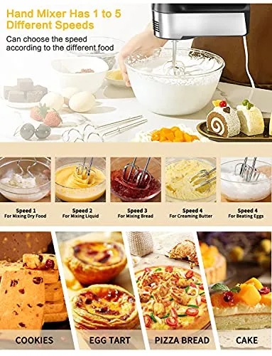 Hand Mixer Electric 5-Speed Handheld Kitchen Mixer for Cake, Egg White, Yeast Dough, Include 5 Stainless Steel Accessories, (2 Beaters, 2 Dough Hooks & 1 Whisk), with Eject/ Turbo Function, 450W Peak