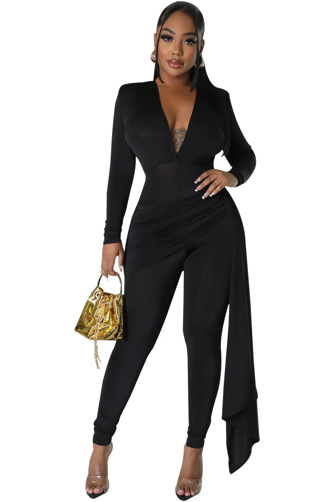Jinx Long Sleeve Deep V-Neck Ruched Bodycon Jumpsuit