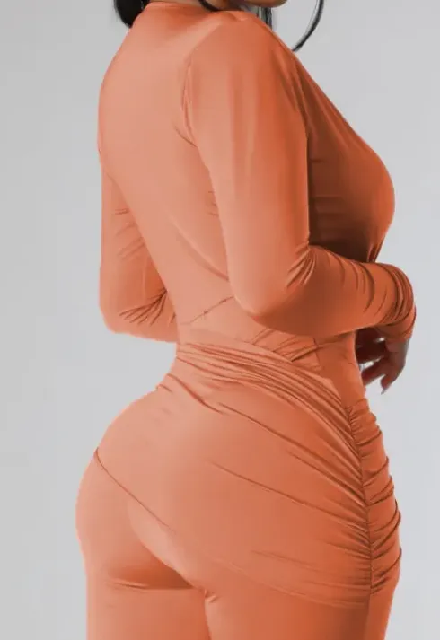 Jinx Long Sleeve Deep V-Neck Ruched Bodycon Jumpsuit