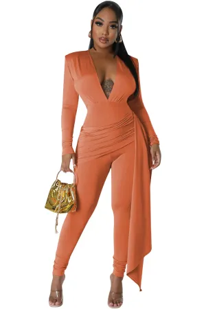 Jinx Long Sleeve Deep V-Neck Ruched Bodycon Jumpsuit