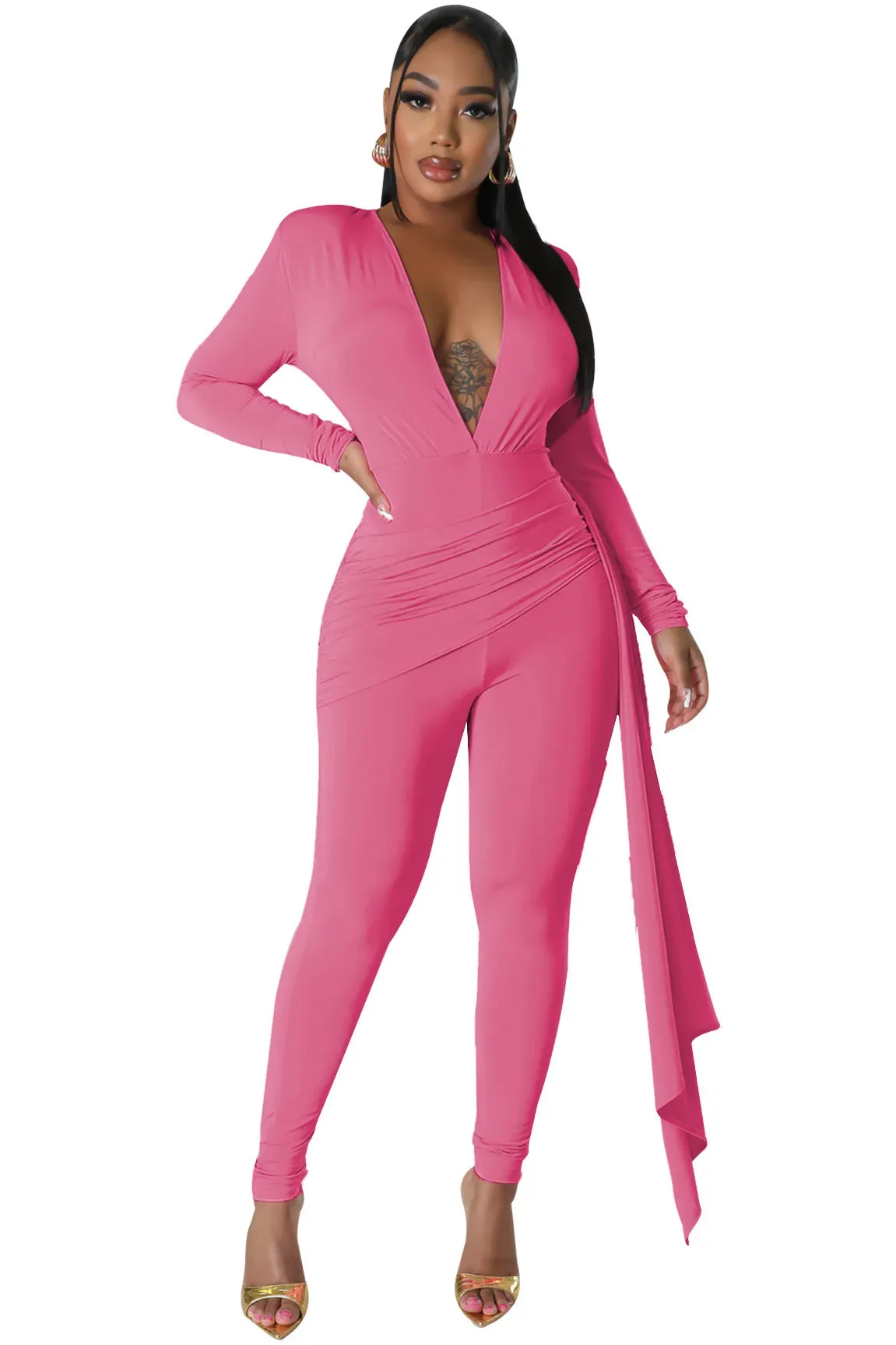 Jinx Long Sleeve Deep V-Neck Ruched Bodycon Jumpsuit