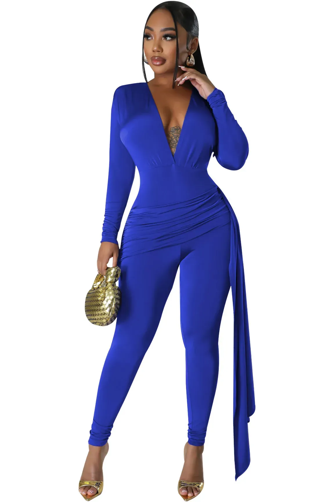 Jinx Long Sleeve Deep V-Neck Ruched Bodycon Jumpsuit