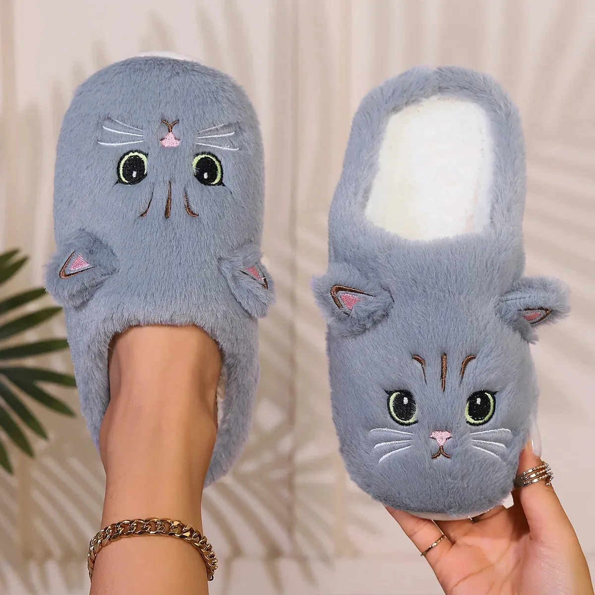 Kawaii Cartoon Cat Fuzzy Slippers - Ultra Soft Fabric Inner, Plush Flat Sole, Cozy Warmth, TPR Durable Outsole, Fabric Upper