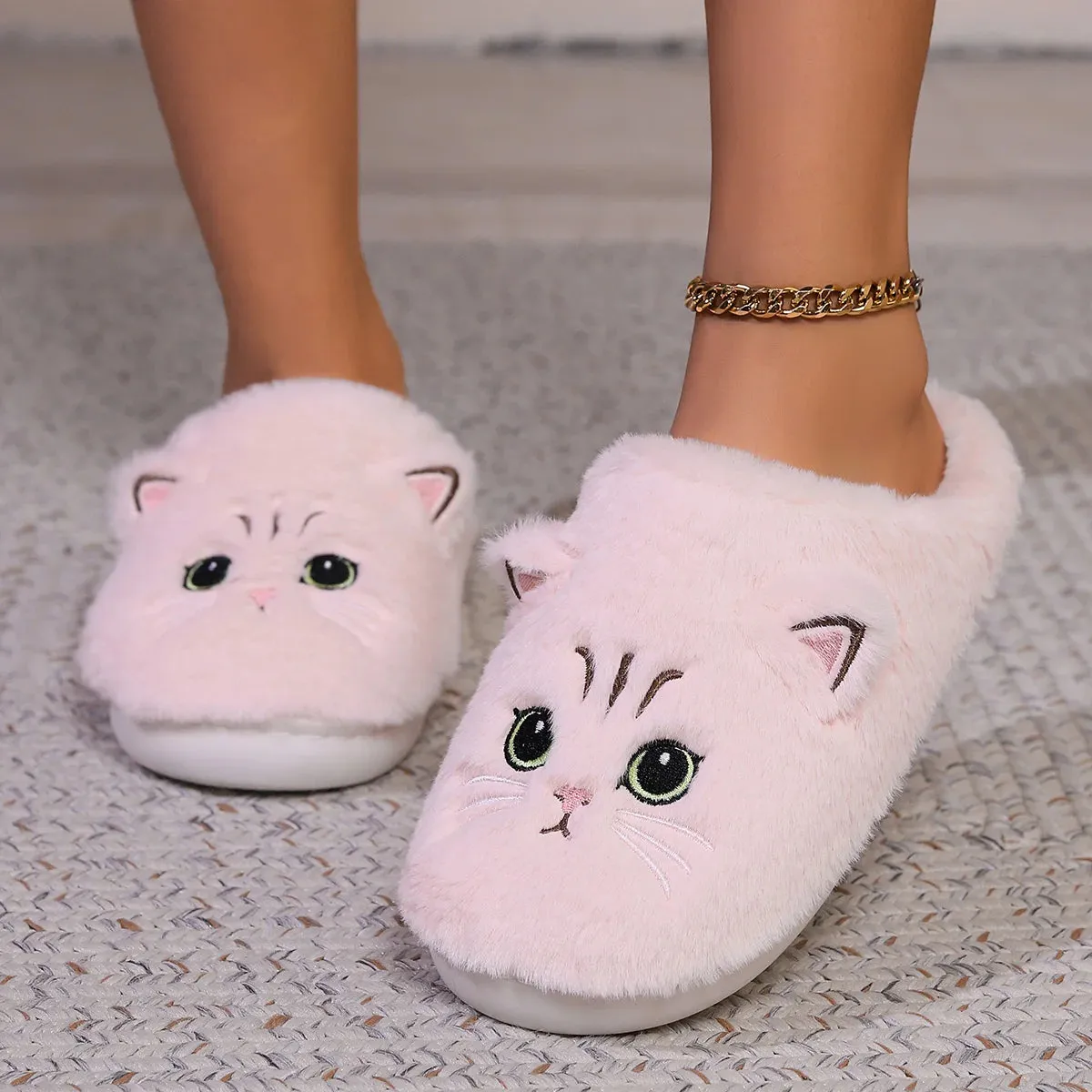 Kawaii Cartoon Cat Fuzzy Slippers - Ultra Soft Fabric Inner, Plush Flat Sole, Cozy Warmth, TPR Durable Outsole, Fabric Upper