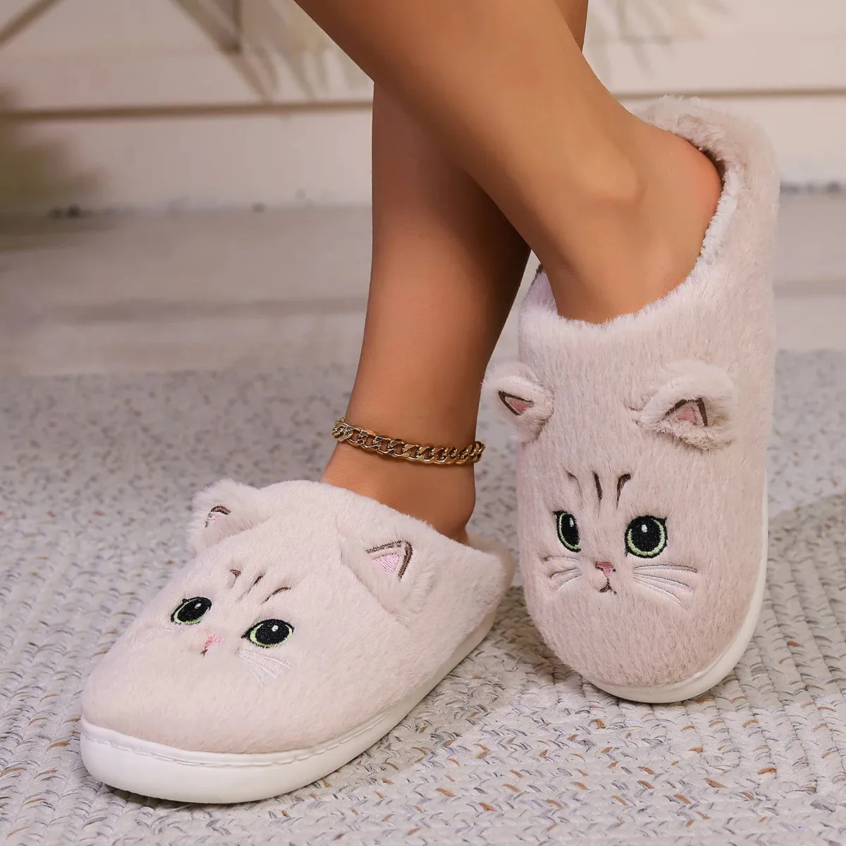 Kawaii Cartoon Cat Fuzzy Slippers - Ultra Soft Fabric Inner, Plush Flat Sole, Cozy Warmth, TPR Durable Outsole, Fabric Upper