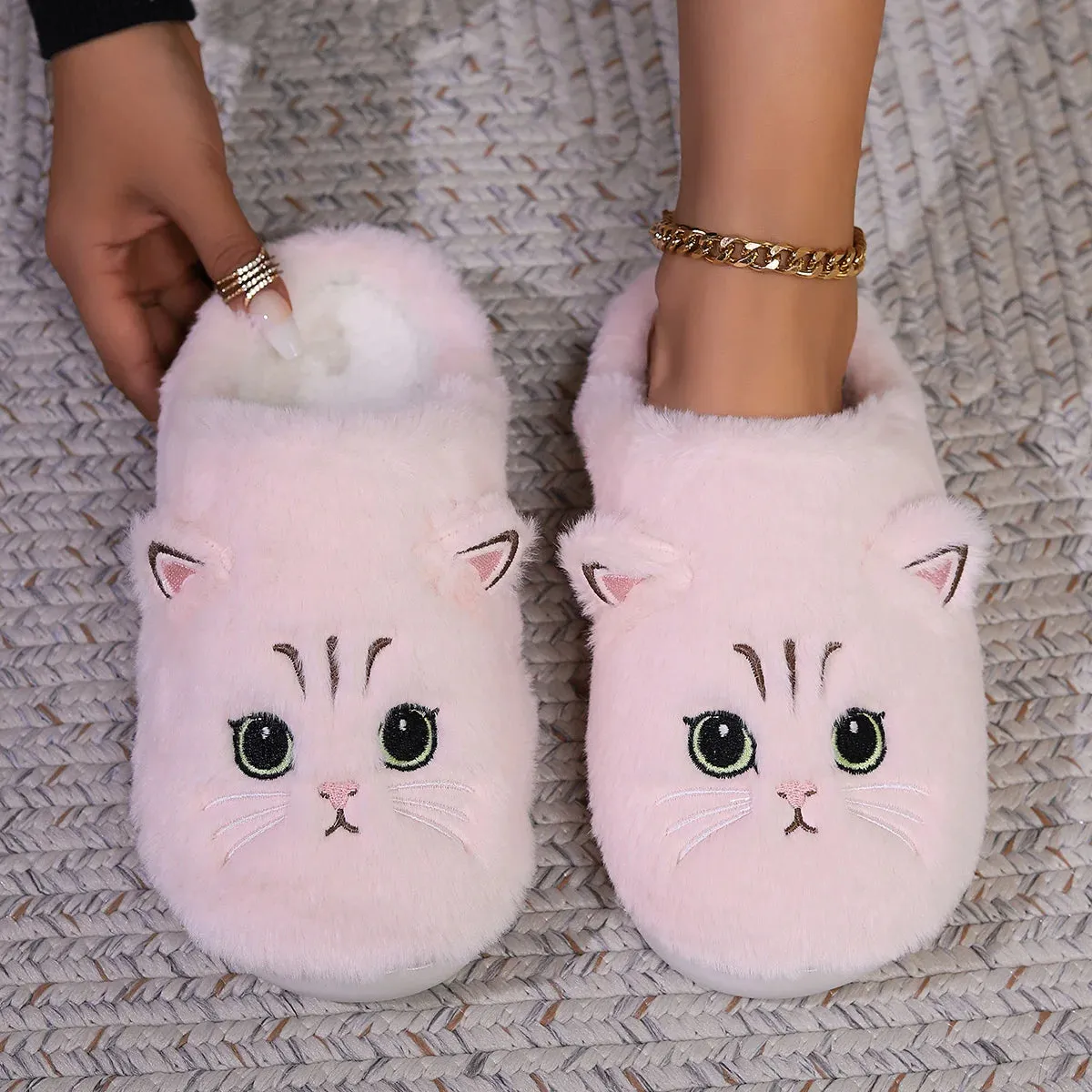 Kawaii Cartoon Cat Fuzzy Slippers - Ultra Soft Fabric Inner, Plush Flat Sole, Cozy Warmth, TPR Durable Outsole, Fabric Upper