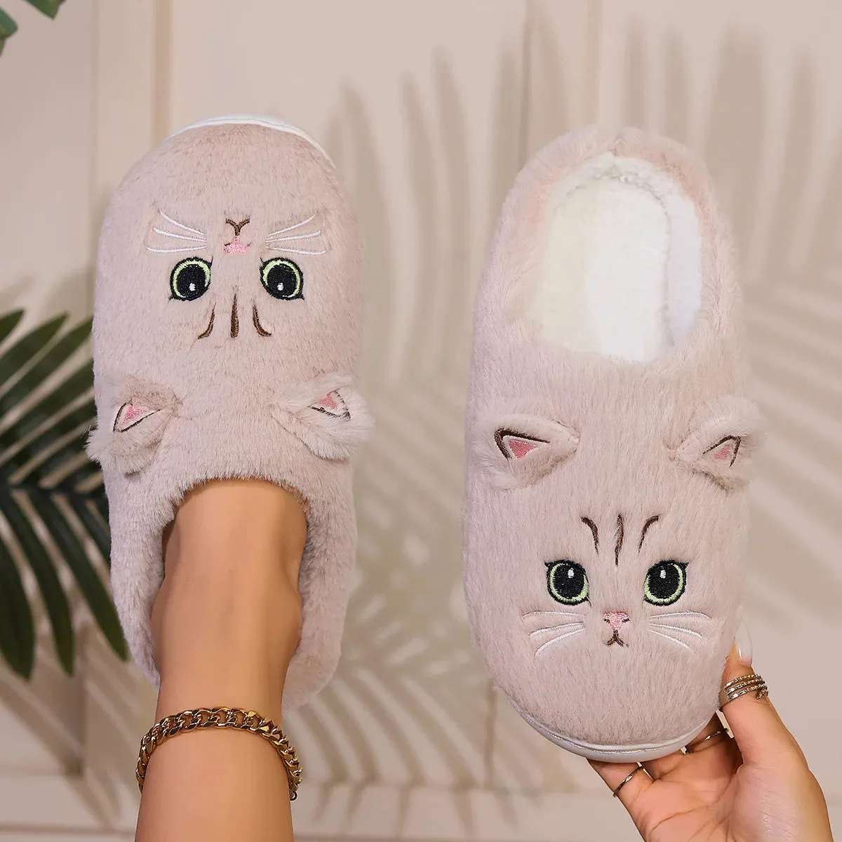 Kawaii Cartoon Cat Fuzzy Slippers - Ultra Soft Fabric Inner, Plush Flat Sole, Cozy Warmth, TPR Durable Outsole, Fabric Upper